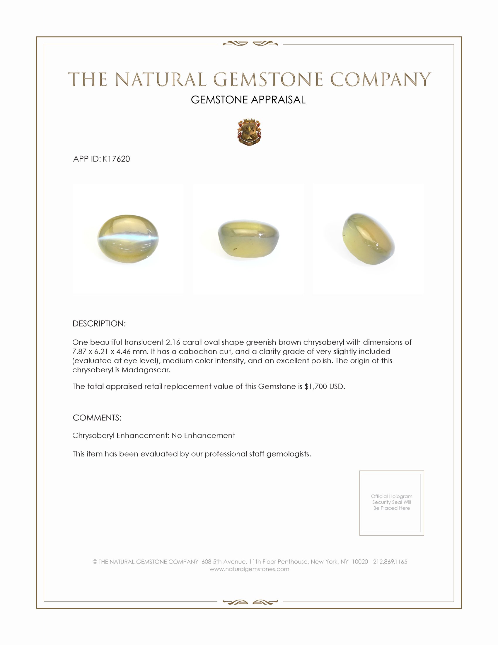 2.16 Ct. Cabochon Chrysoberyl from Madagascar