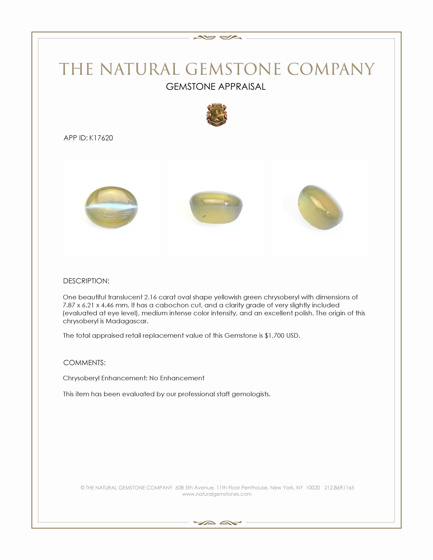 2.16 Ct. Cabochon Chrysoberyl from Madagascar