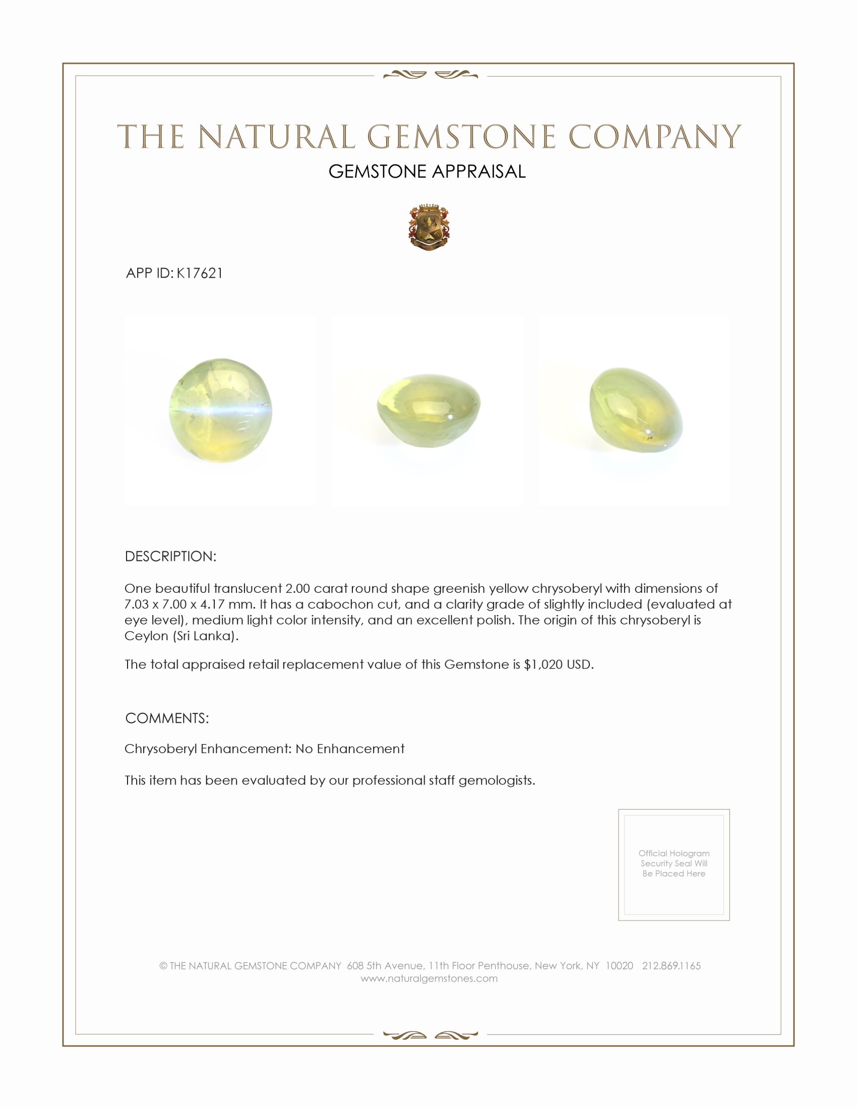 2.00 Ct. Cabochon Chrysoberyl from Ceylon (Sri Lanka)