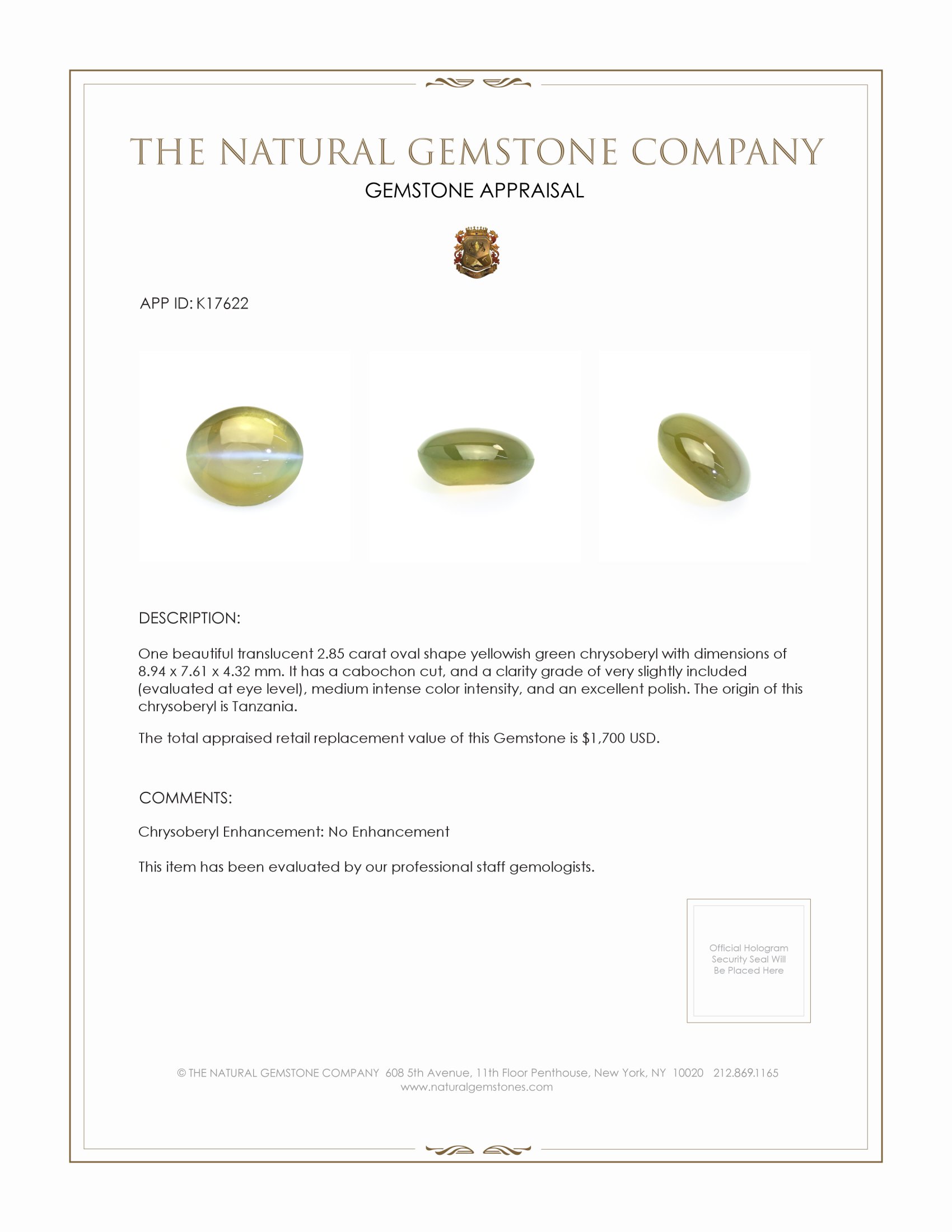 2.85 Ct. Greenish Yellow Cabochon Chrysoberyl from Tanzania