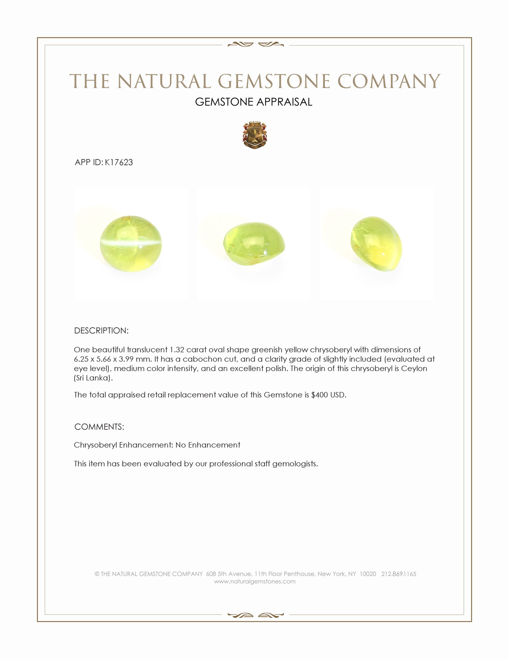 1.32 Ct. Greenish Yellow Cabochon Chrysoberyl from Ceylon (Sri Lanka)