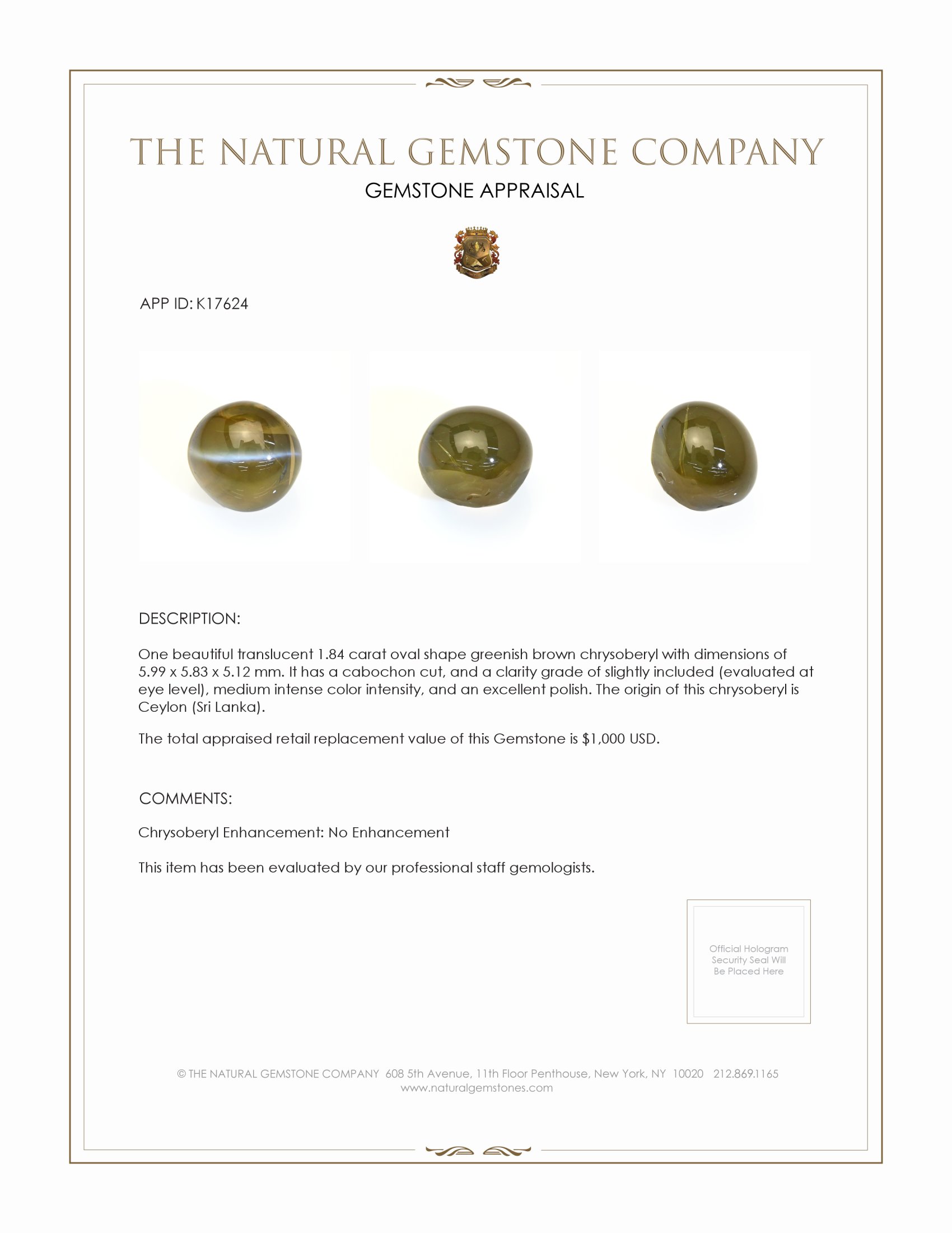 1.84 Ct. Cabochon Chrysoberyl from Ceylon (Sri Lanka)