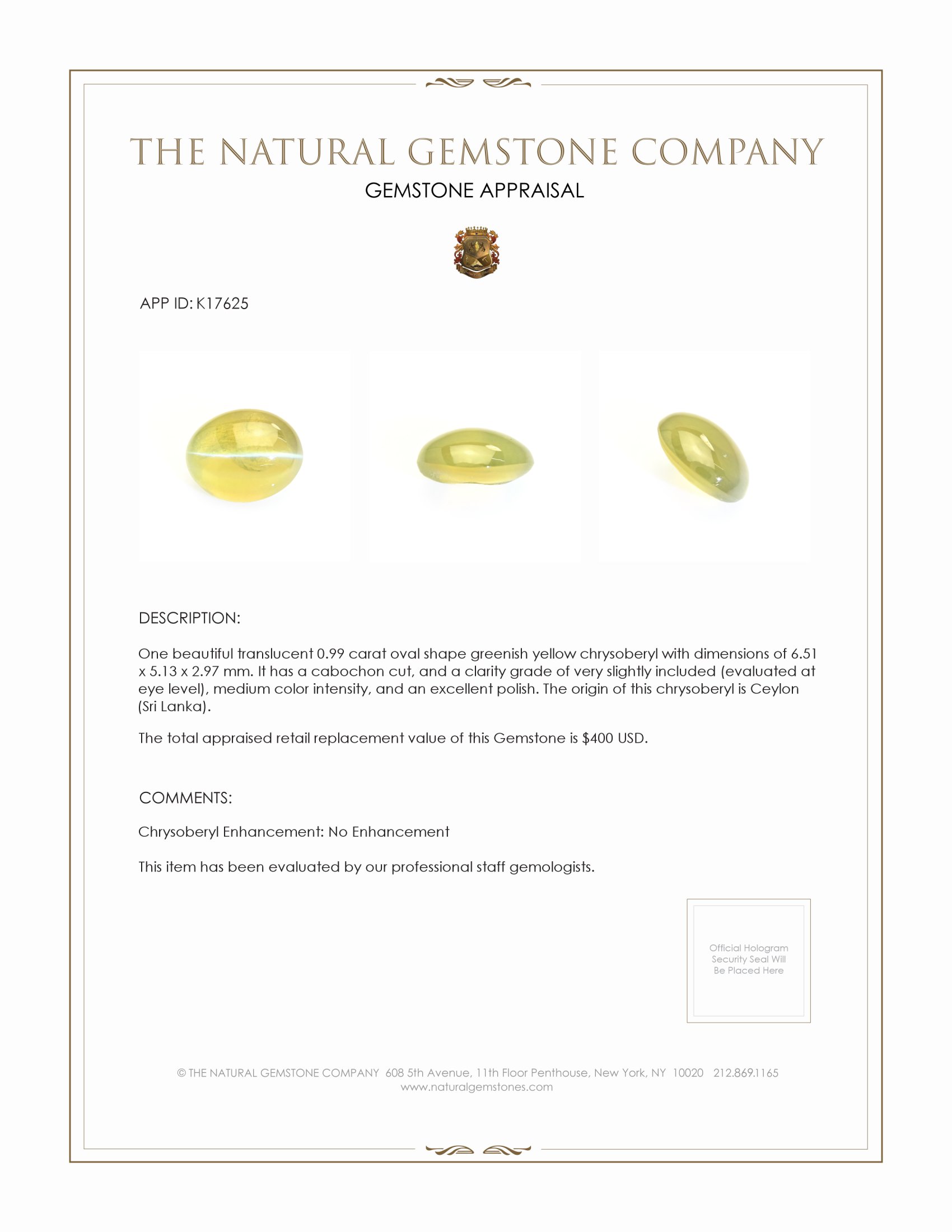 0.99 Ct. Cabochon Chrysoberyl from Ceylon (Sri Lanka)