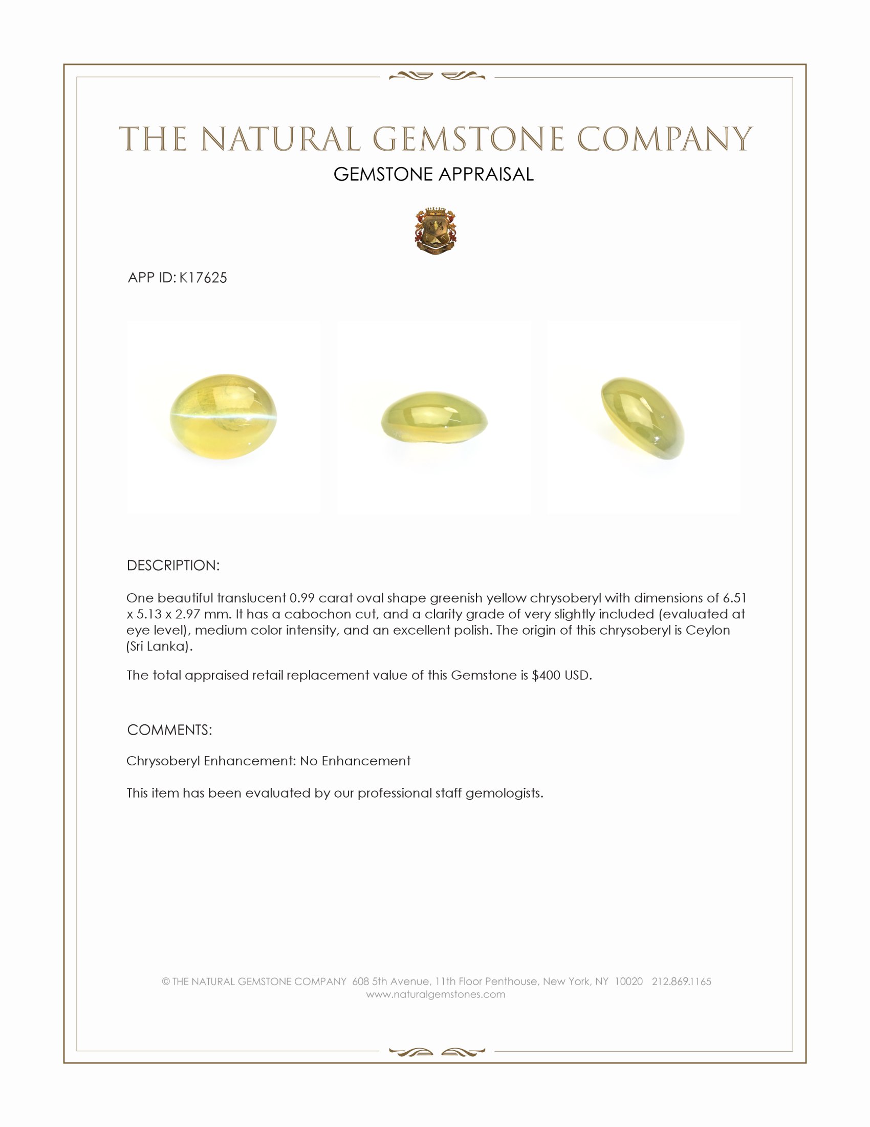 0.99 Ct. Cabochon Chrysoberyl from Ceylon (Sri Lanka)