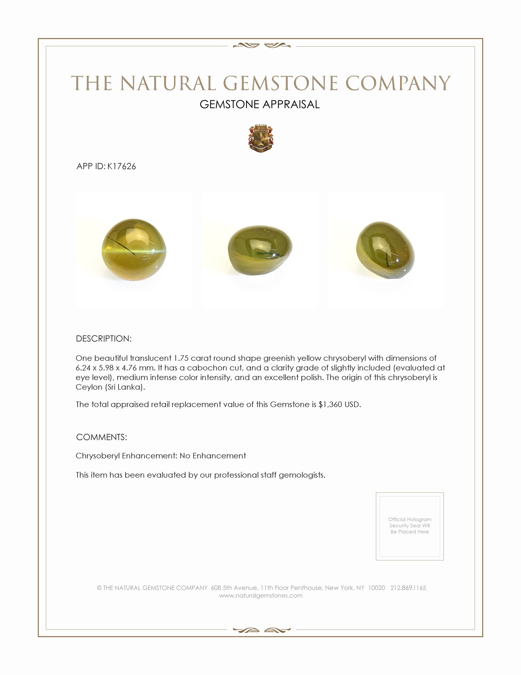 1.75 Ct. Greenish Yellow Cabochon Chrysoberyl from Ceylon (Sri Lanka)