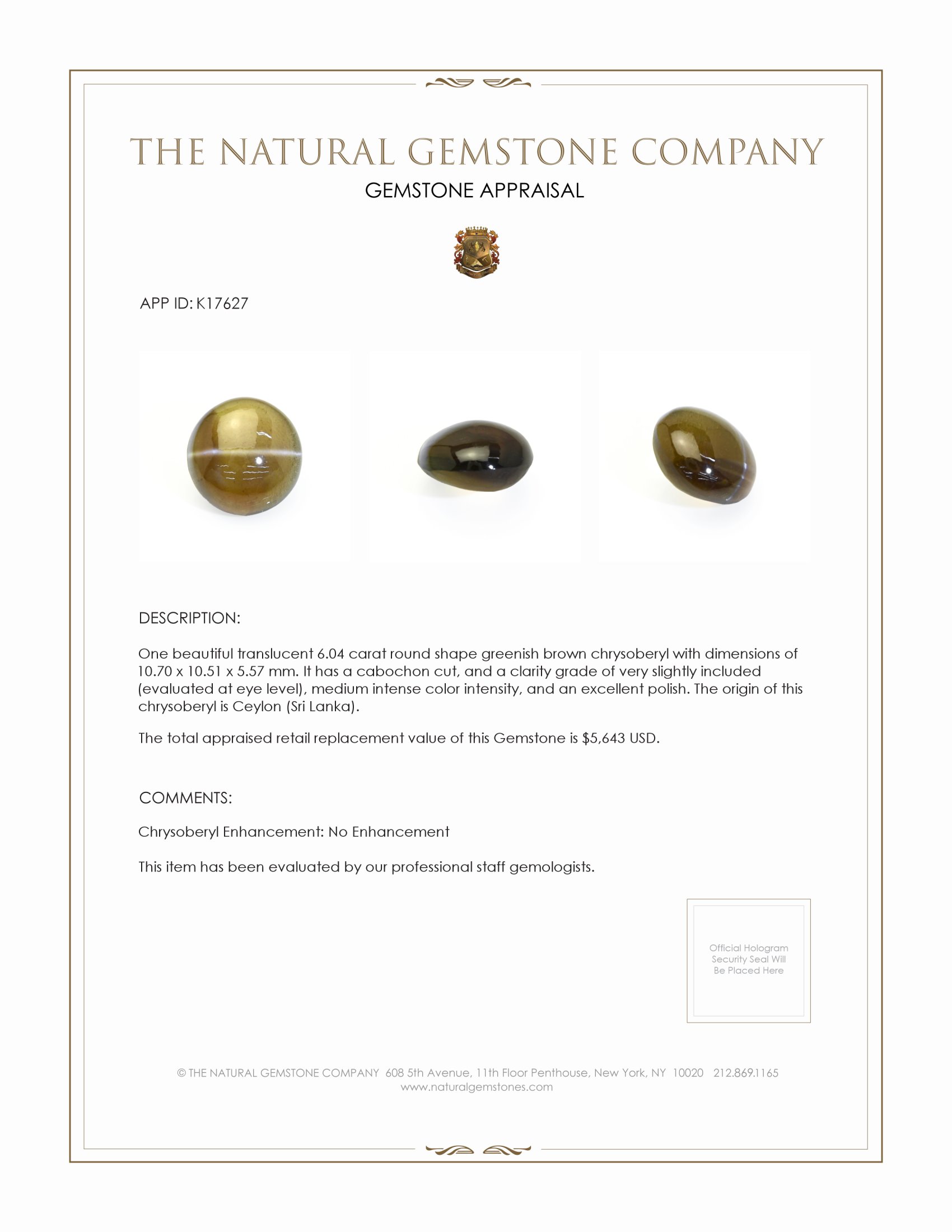 6.04 Ct. Brown Cabochon Chrysoberyl from Ceylon (Sri Lanka)