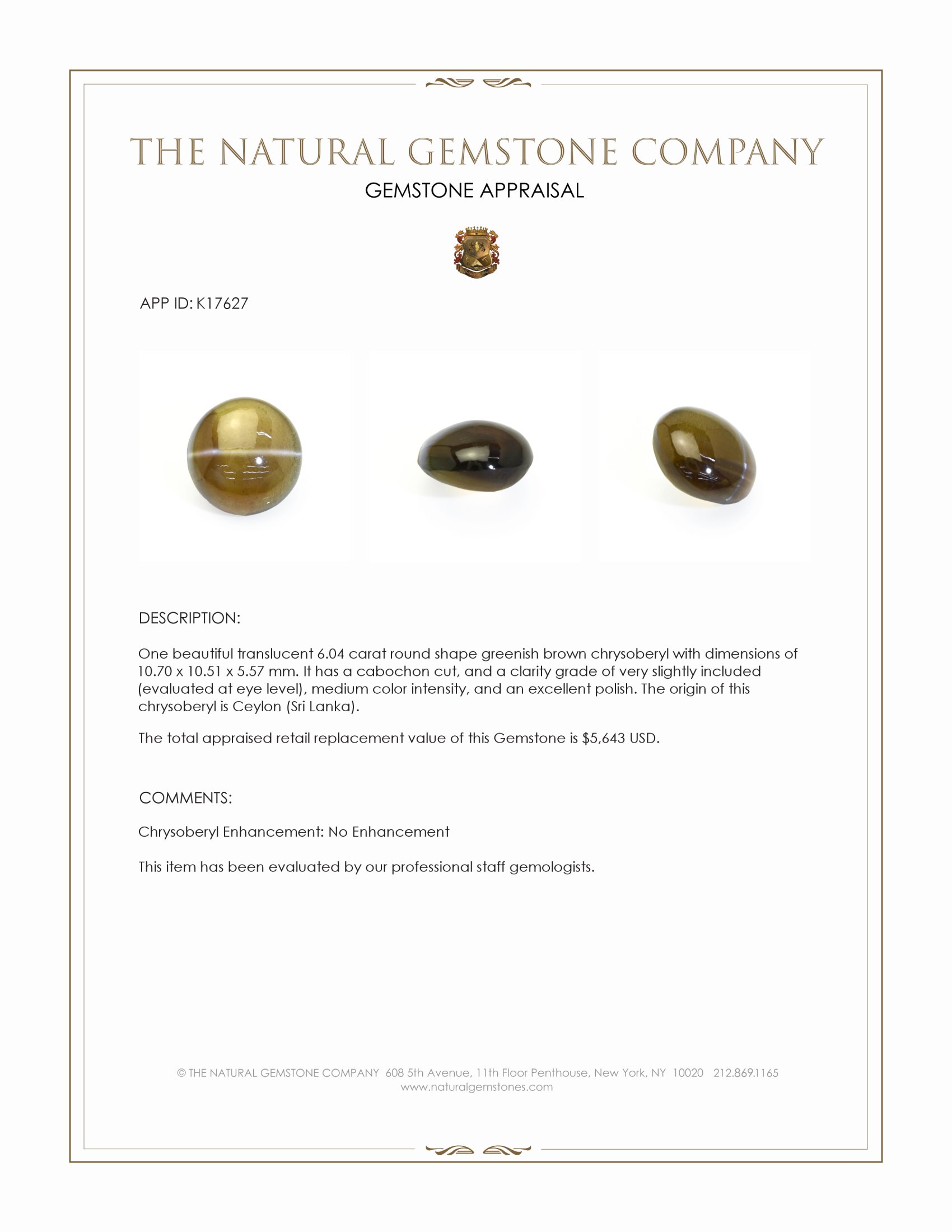 6.04 Ct. Greenish Brown Cabochon Cat’s Eye Chrysoberyl from Ceylon (Sri Lanka)