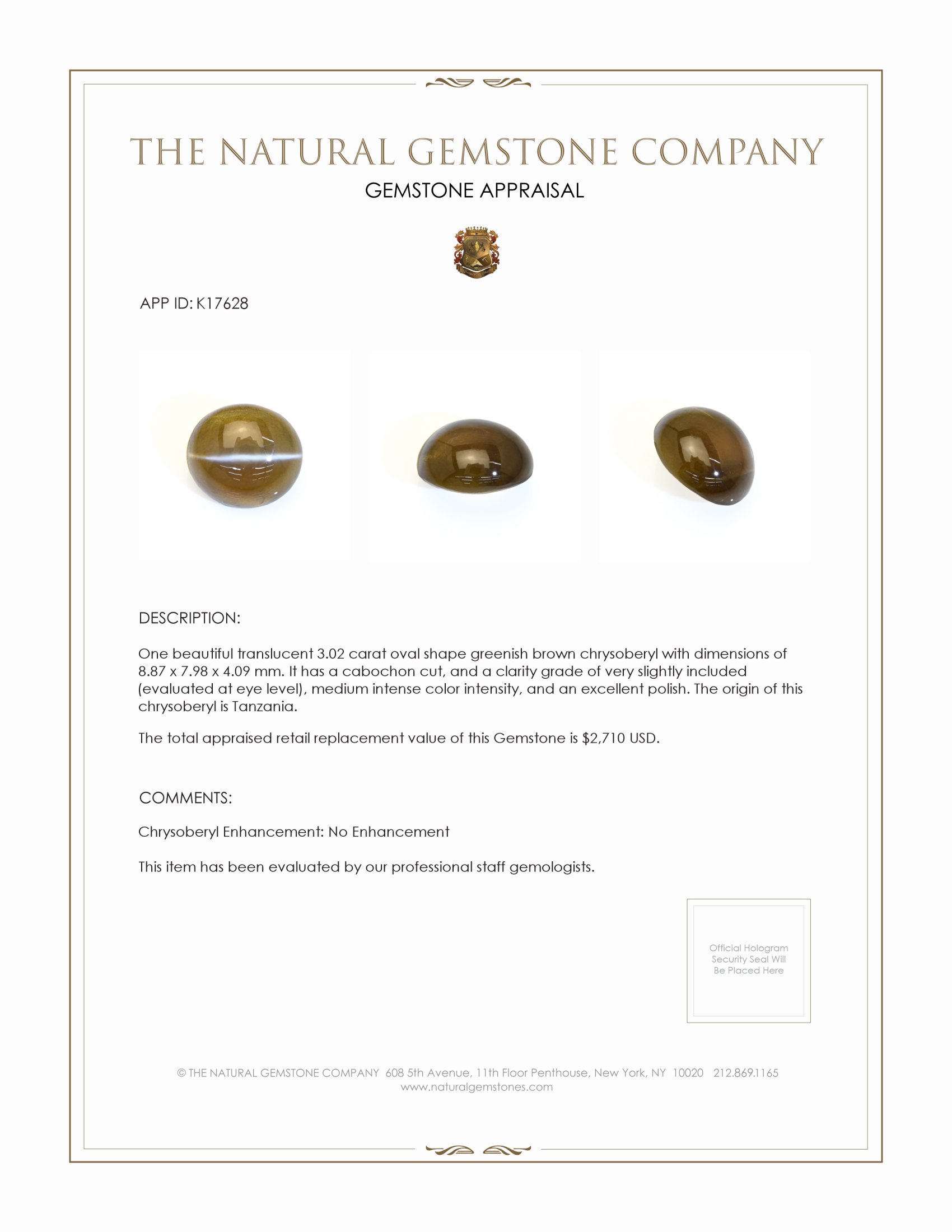 3.02 Ct. Brown Cabochon Chrysoberyl from Tanzania