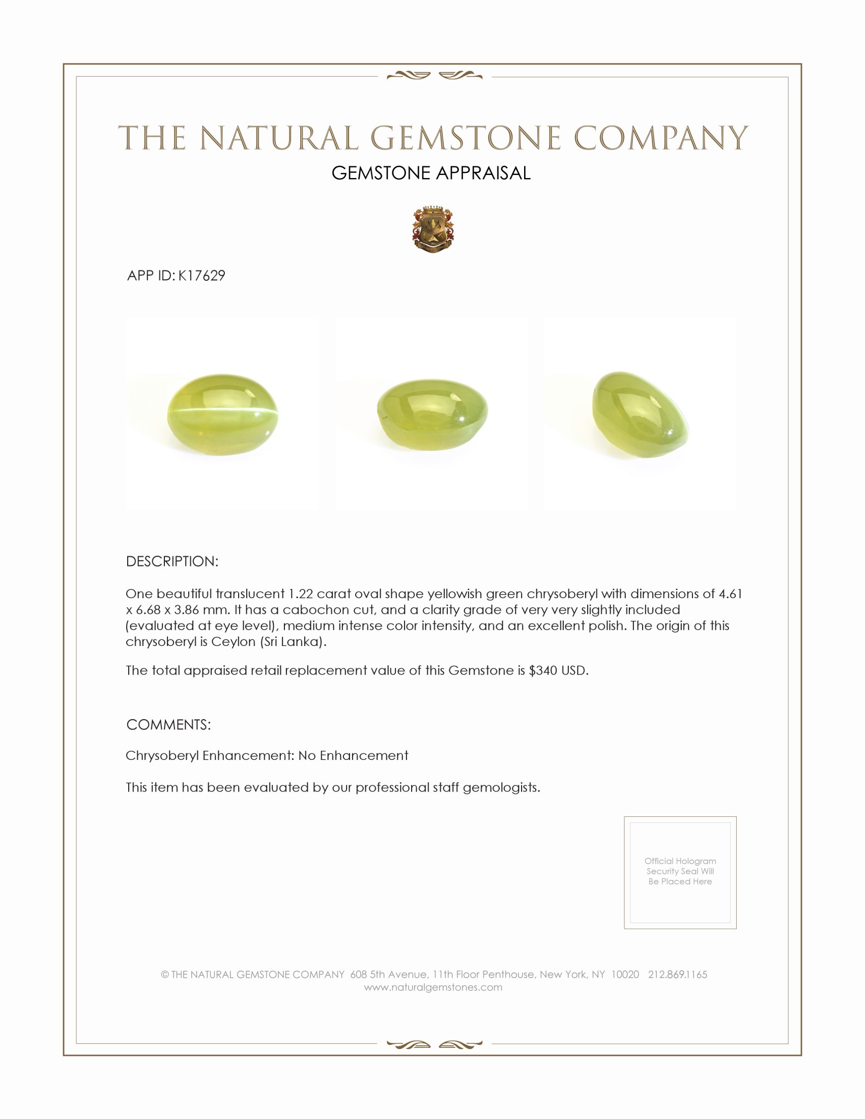 1.22 Ct. Cabochon Chrysoberyl from Ceylon (Sri Lanka)