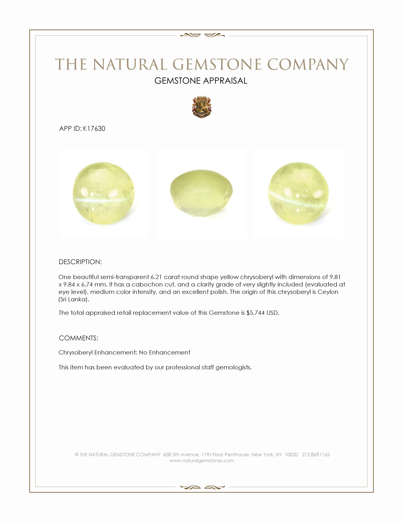 6.21 Ct. Cabochon Chrysoberyl from Ceylon (Sri Lanka)