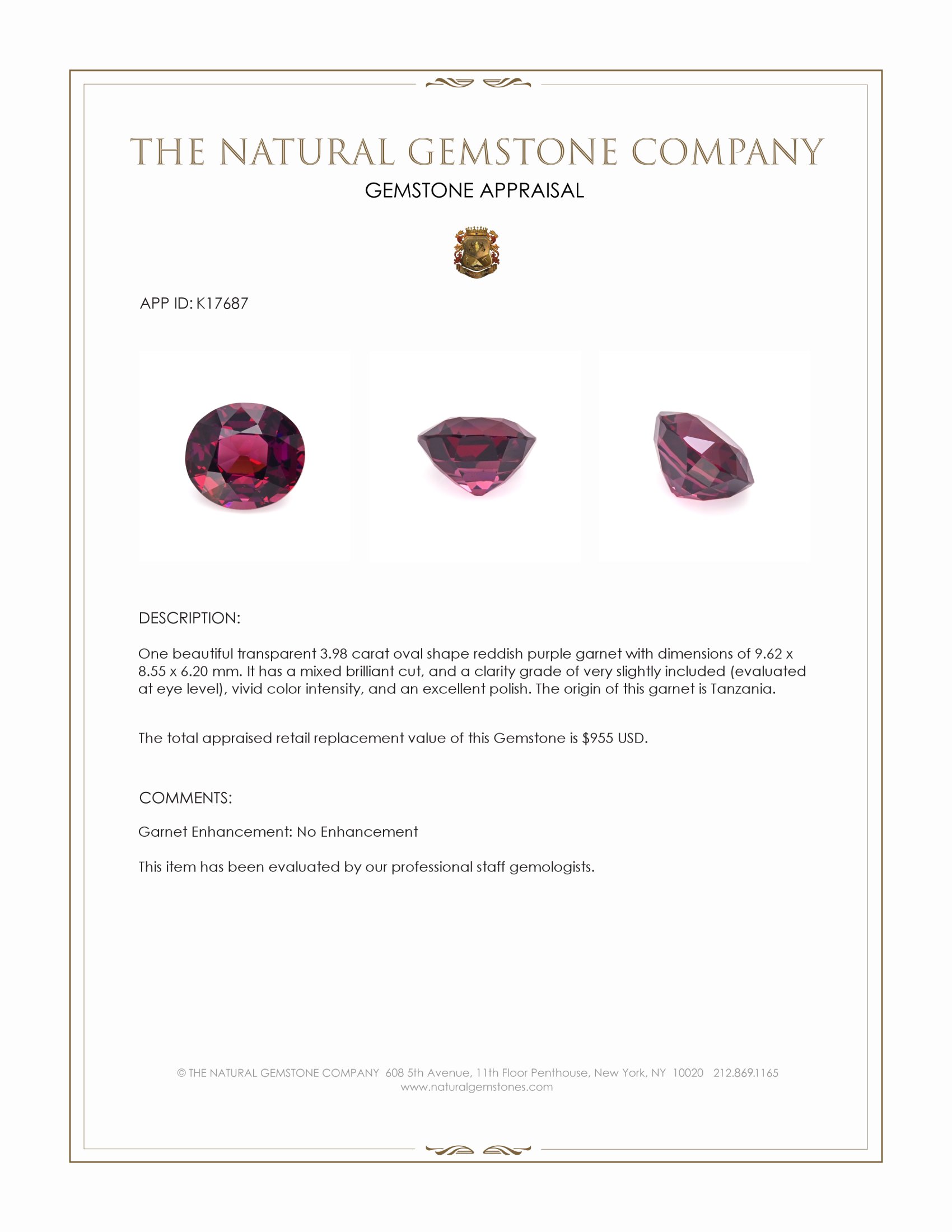 3.98 Ct. Purplish Pink Garnet from Tanzania