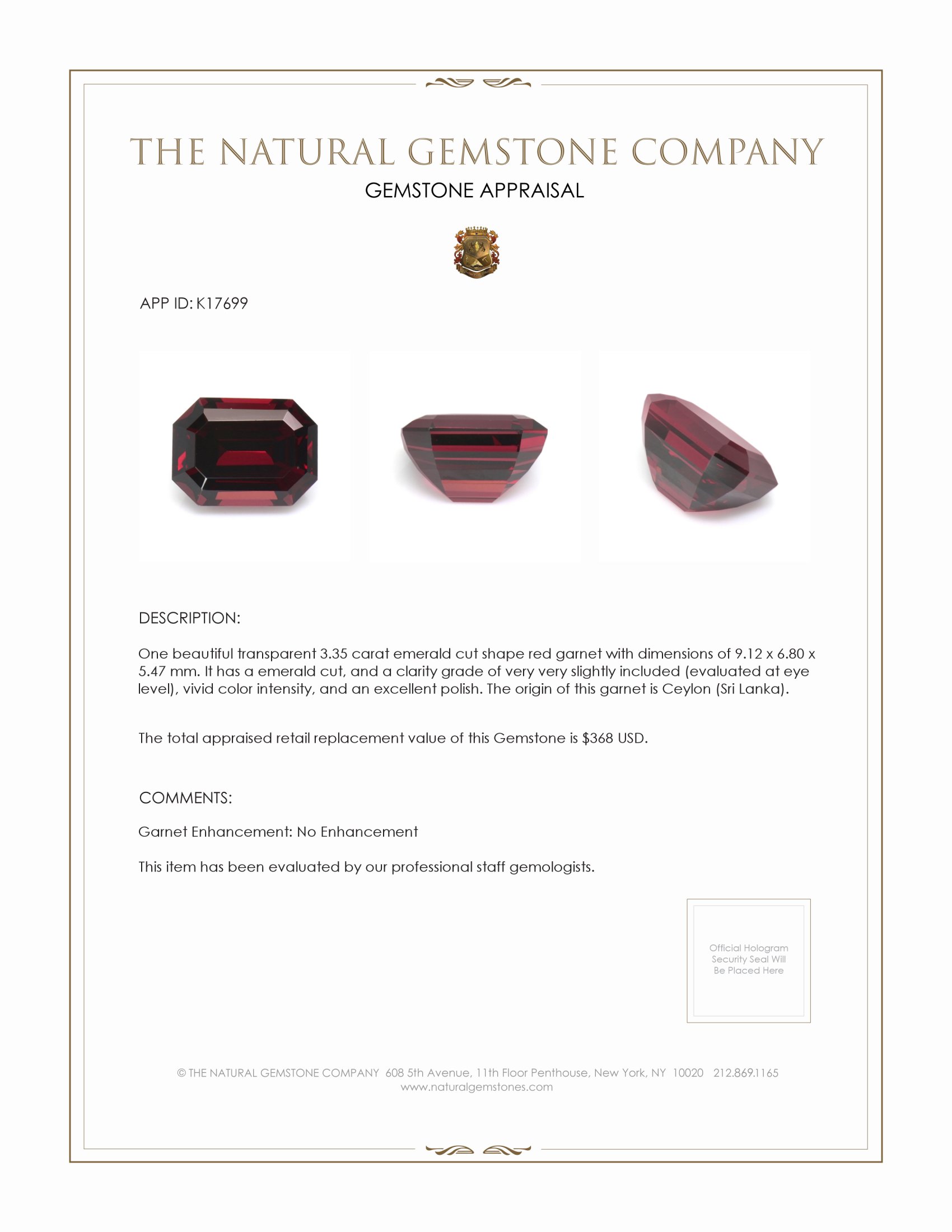 3.35 Ct. Red Garnet from Ceylon (Sri Lanka)