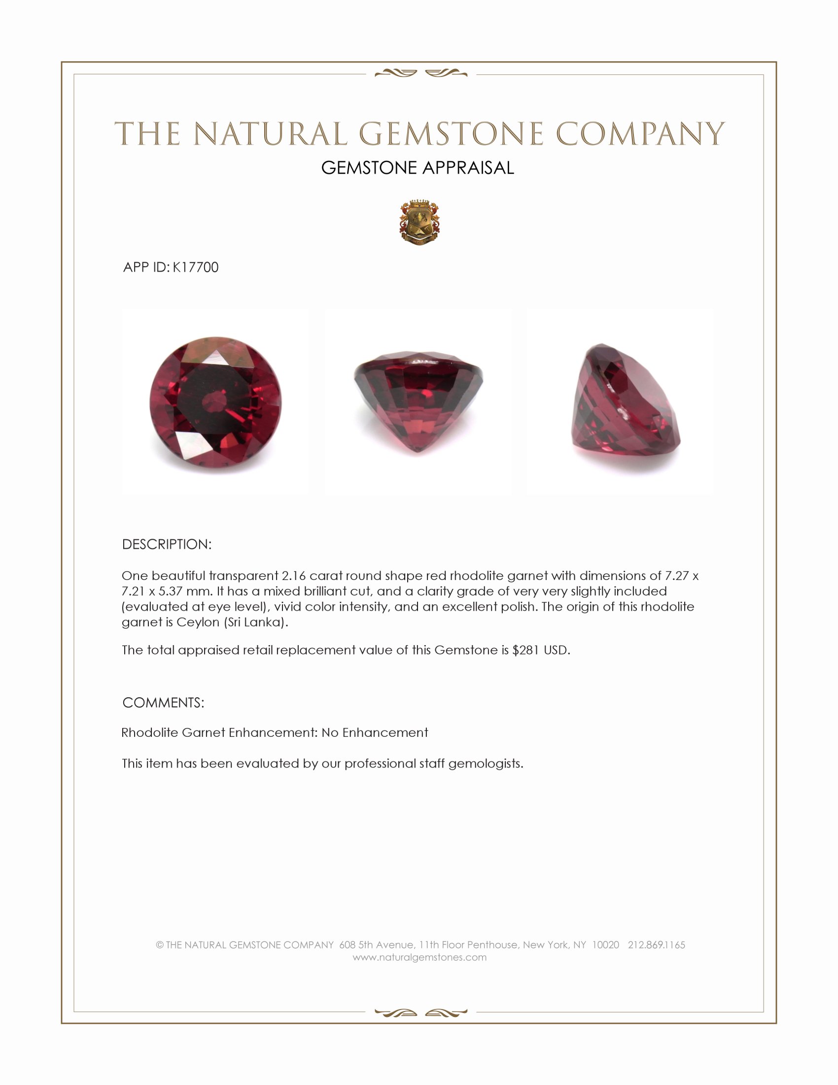 2.16 Ct. Red Rhodolite Garnet from Ceylon (Sri Lanka)