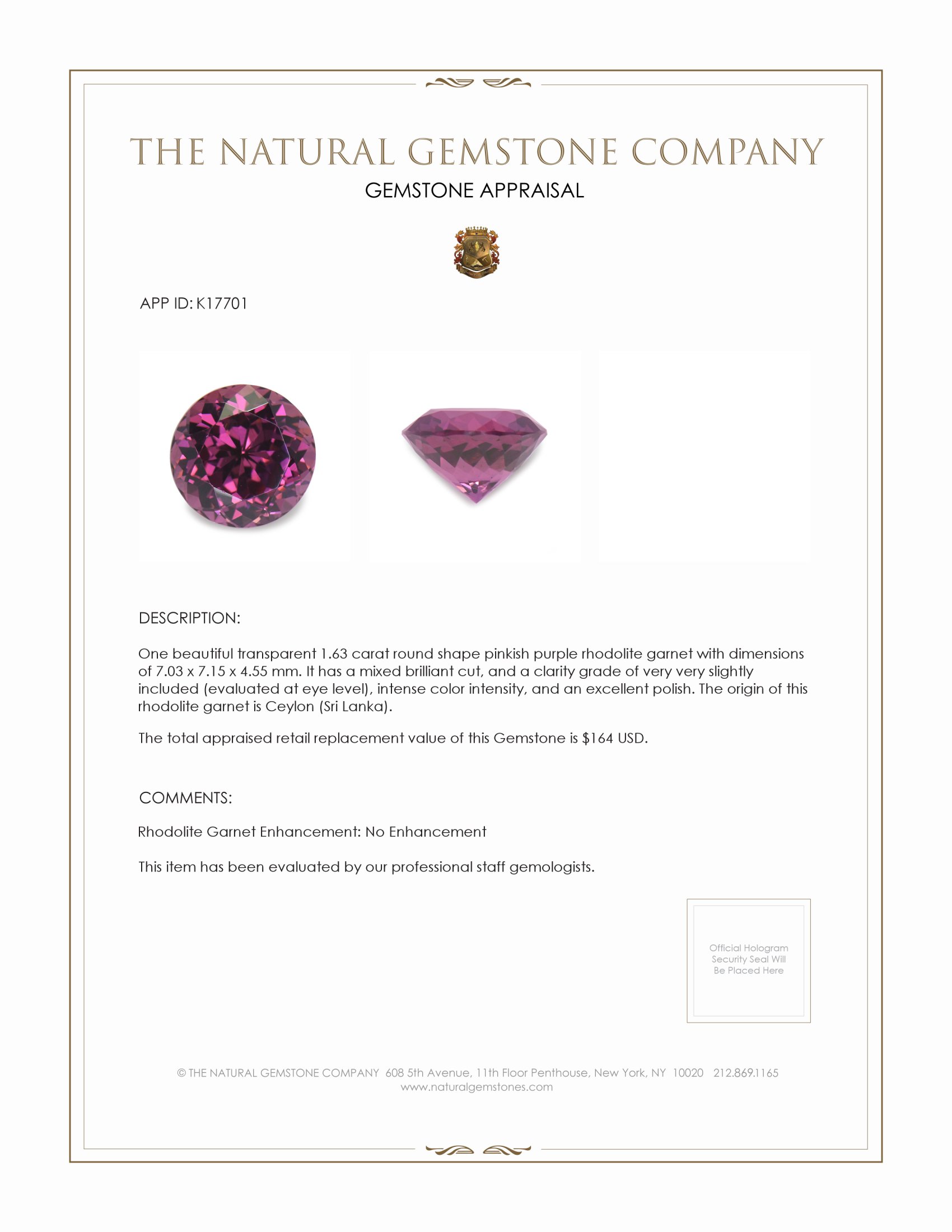 1.63 Ct. Pinkish Purple Rhodolite Garnet from Ceylon (Sri Lanka)