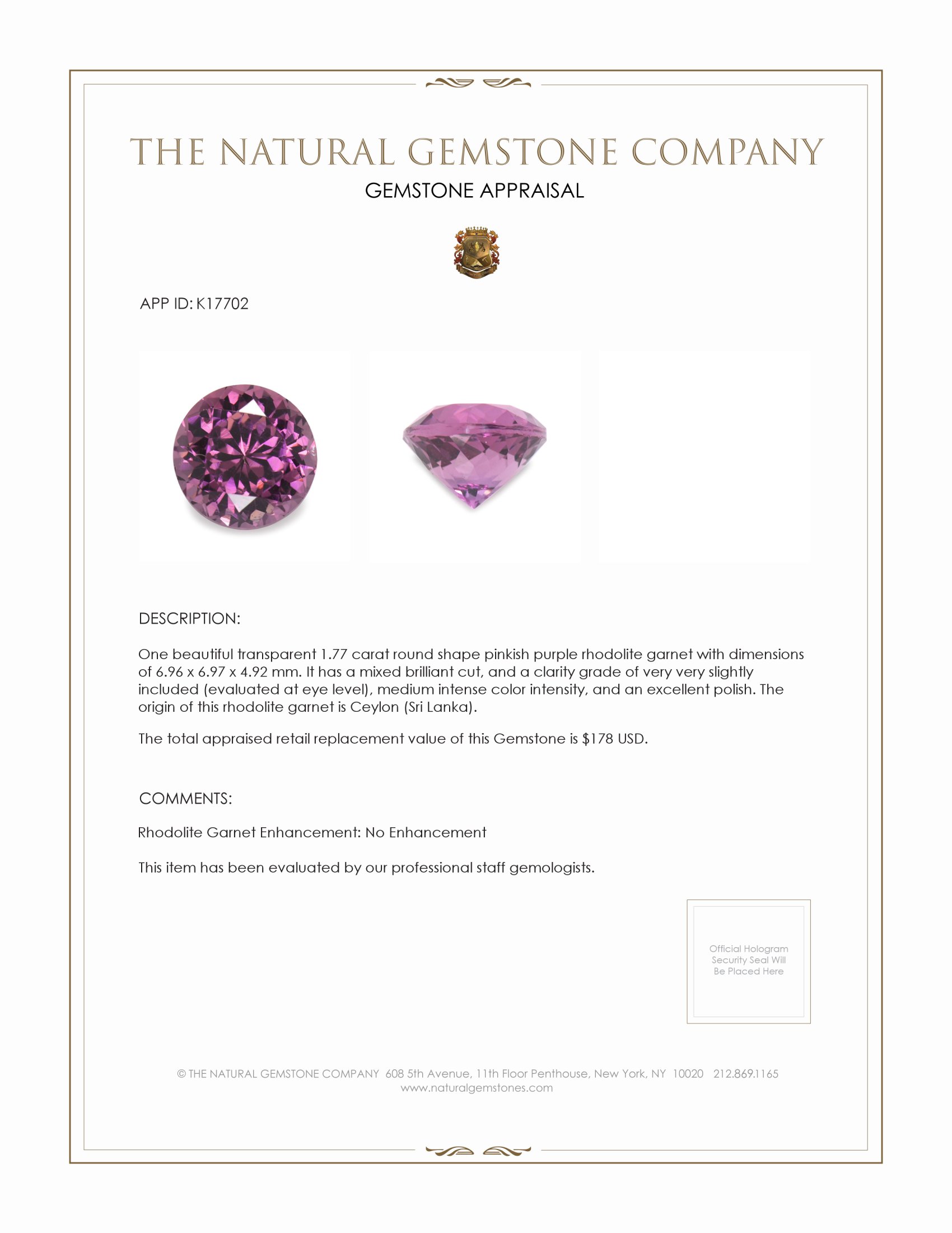 1.77 Ct. Pinkish Purple Rhodolite Garnet from Ceylon (Sri Lanka)