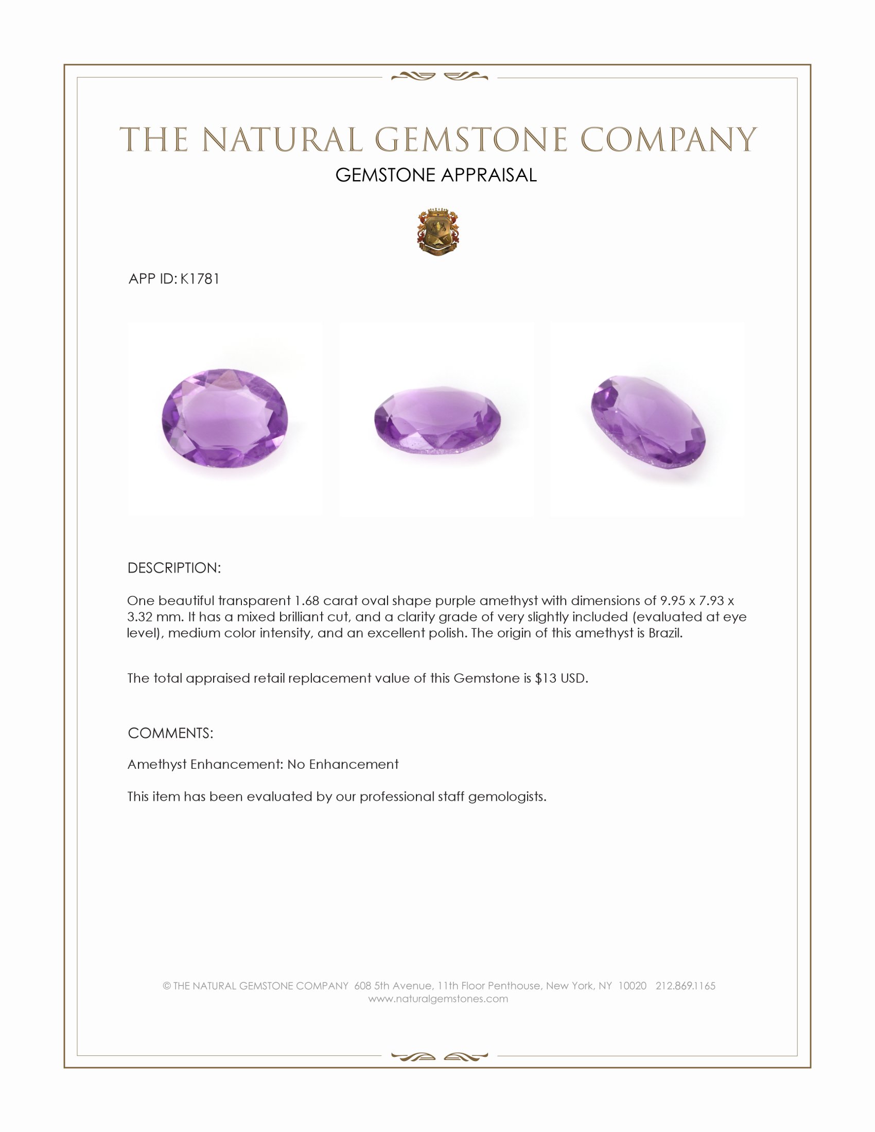 1.68 Ct. Amethyst from Brazil