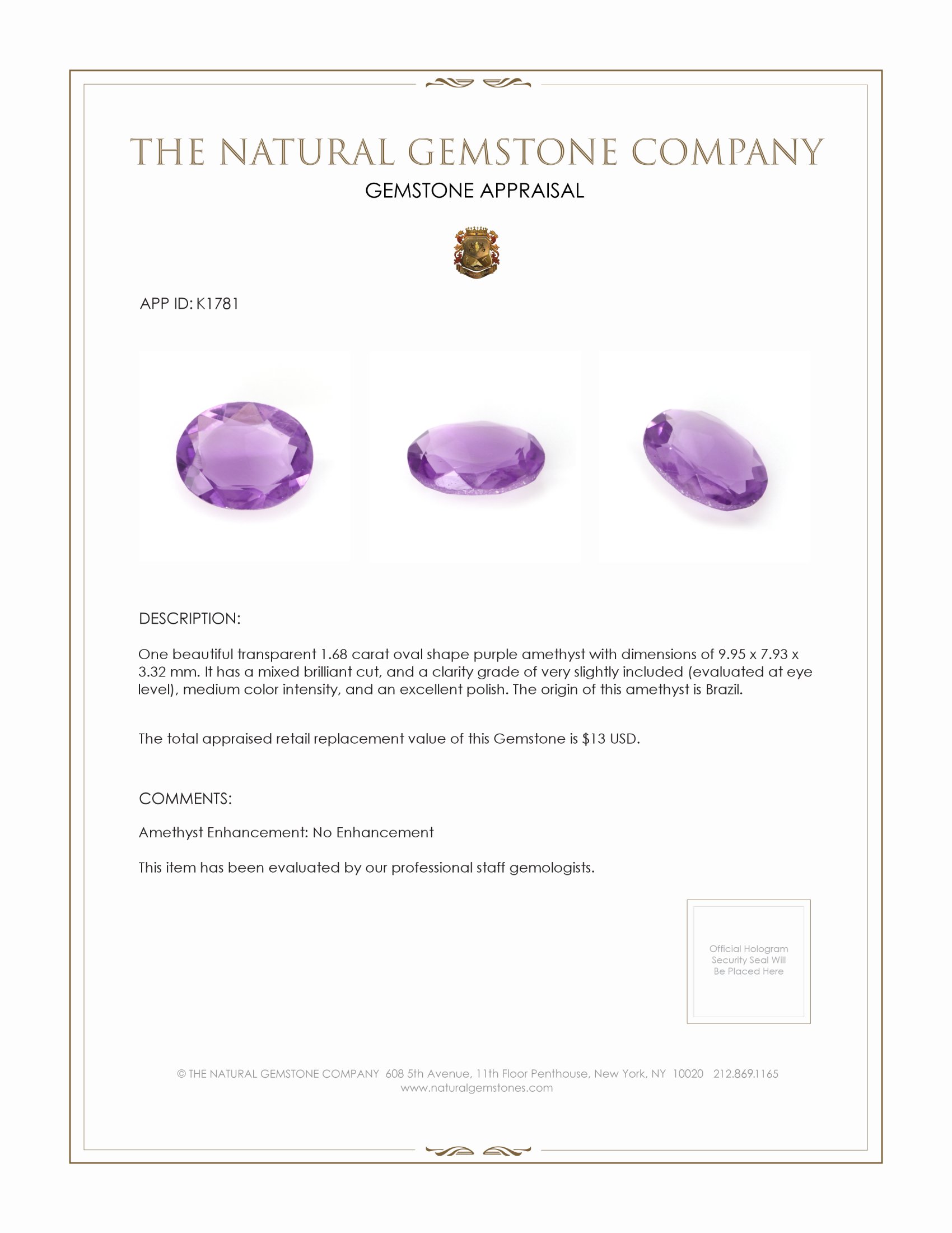 1.68 Ct. Amethyst from Brazil