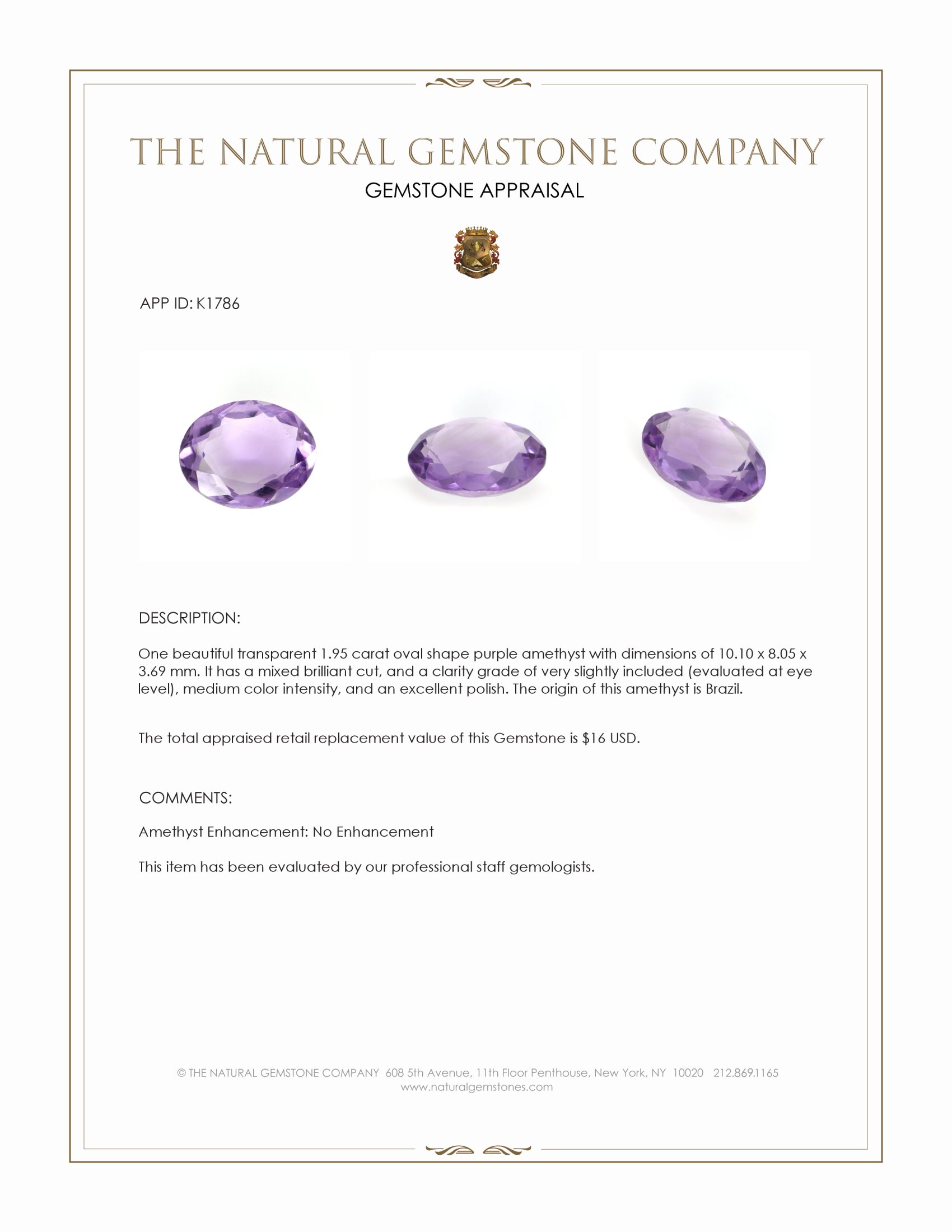 1.95 Ct. Amethyst from Brazil