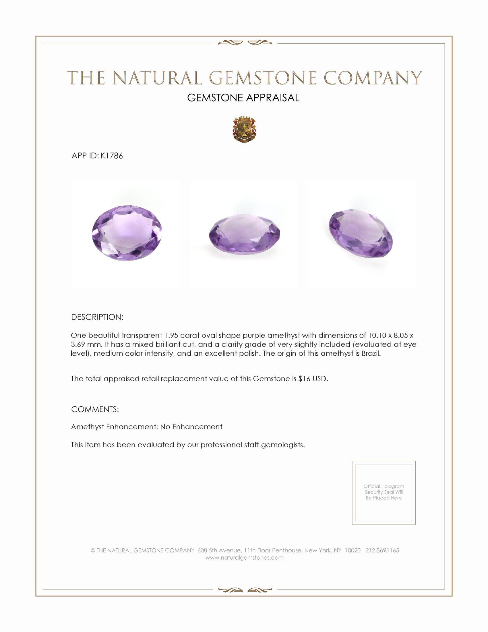 1.95 Ct. Amethyst from Brazil