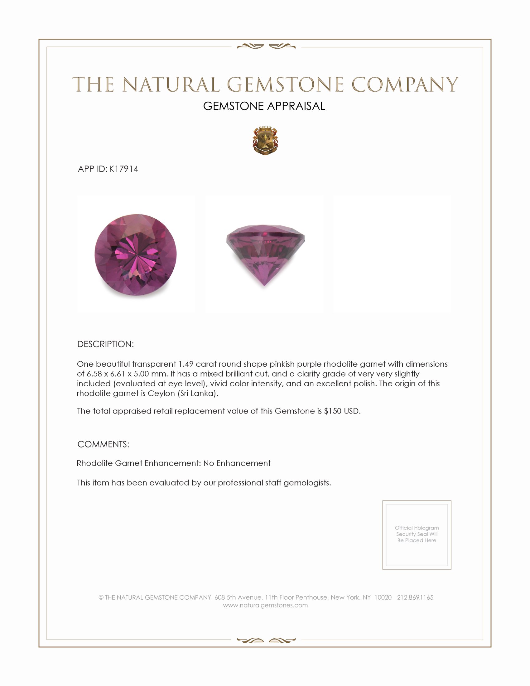 1.49 Ct. Pinkish Purple Rhodolite Garnet from Ceylon (Sri Lanka)