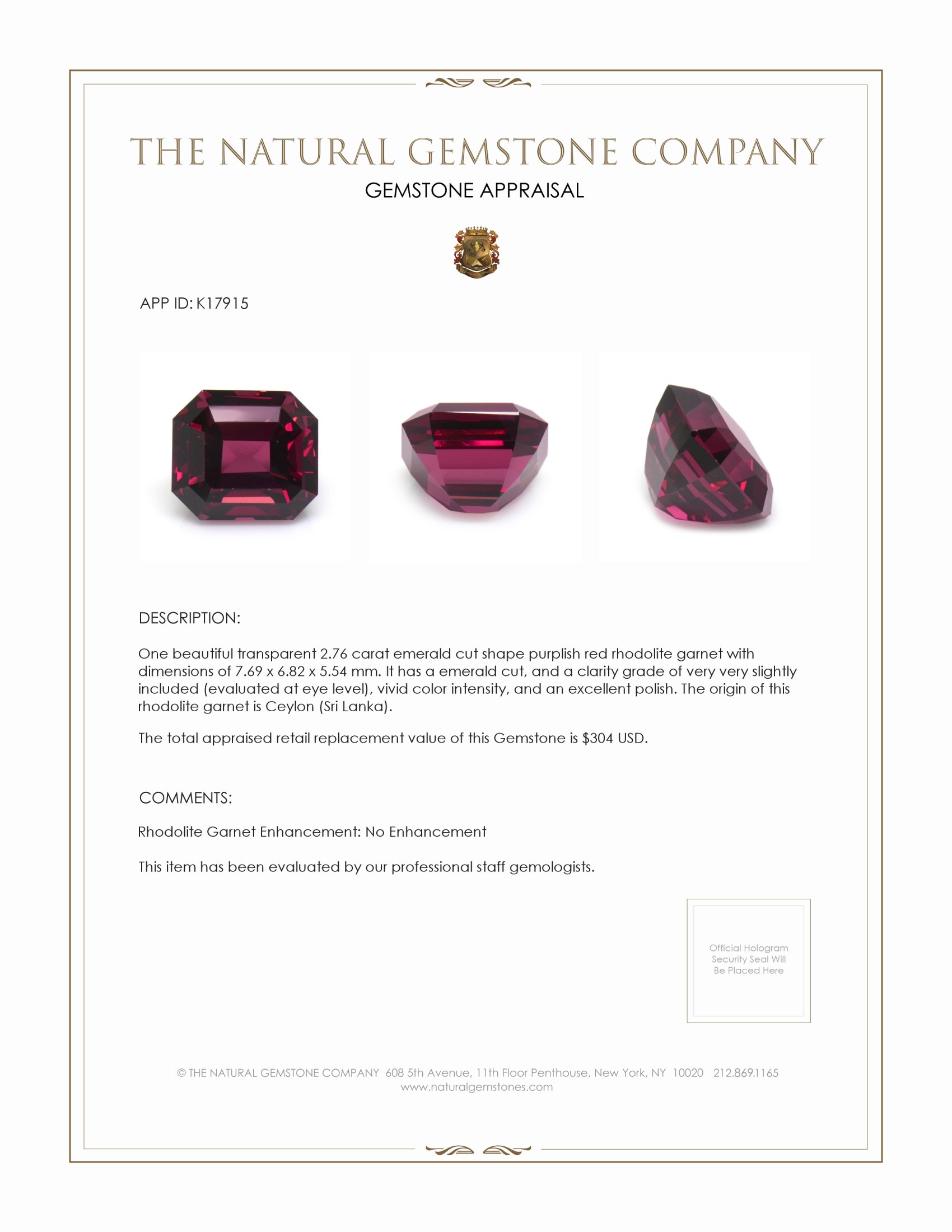 2.76 Ct. Purplish Red Rhodolite Garnet from Ceylon (Sri Lanka)