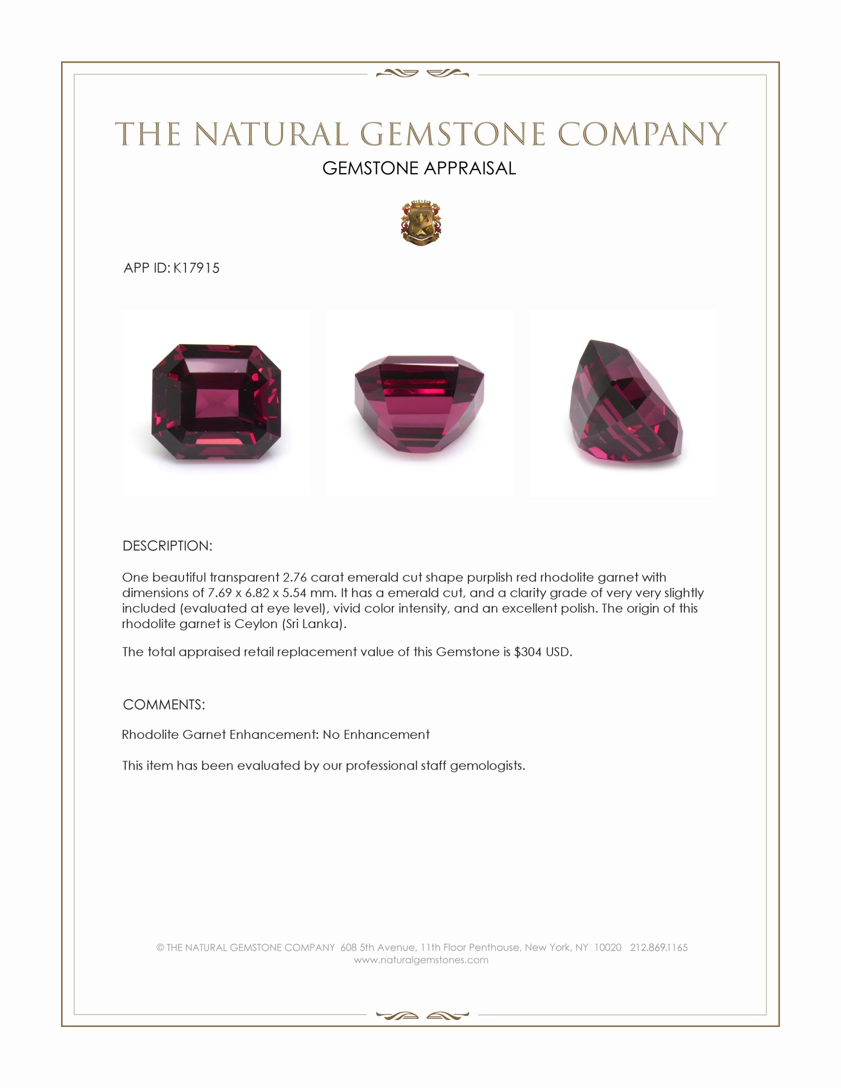 2.76 Ct. Rhodolite Garnet from Ceylon (Sri Lanka)