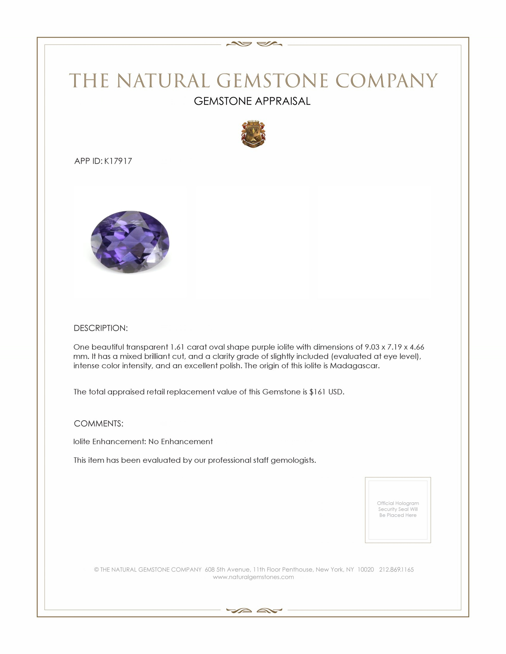 1.61 Ct. Iolite from Madagascar