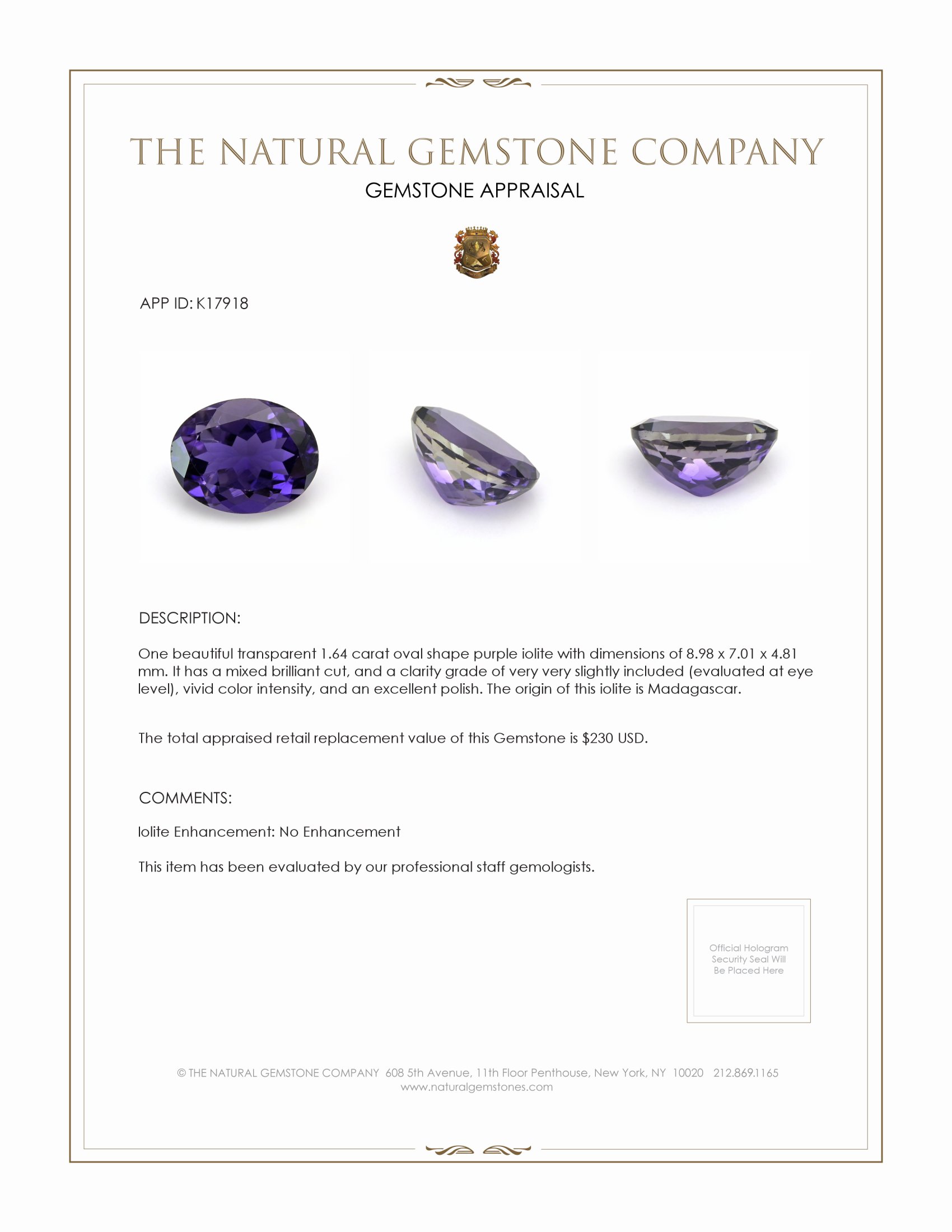 1.64 Ct. Iolite from Madagascar