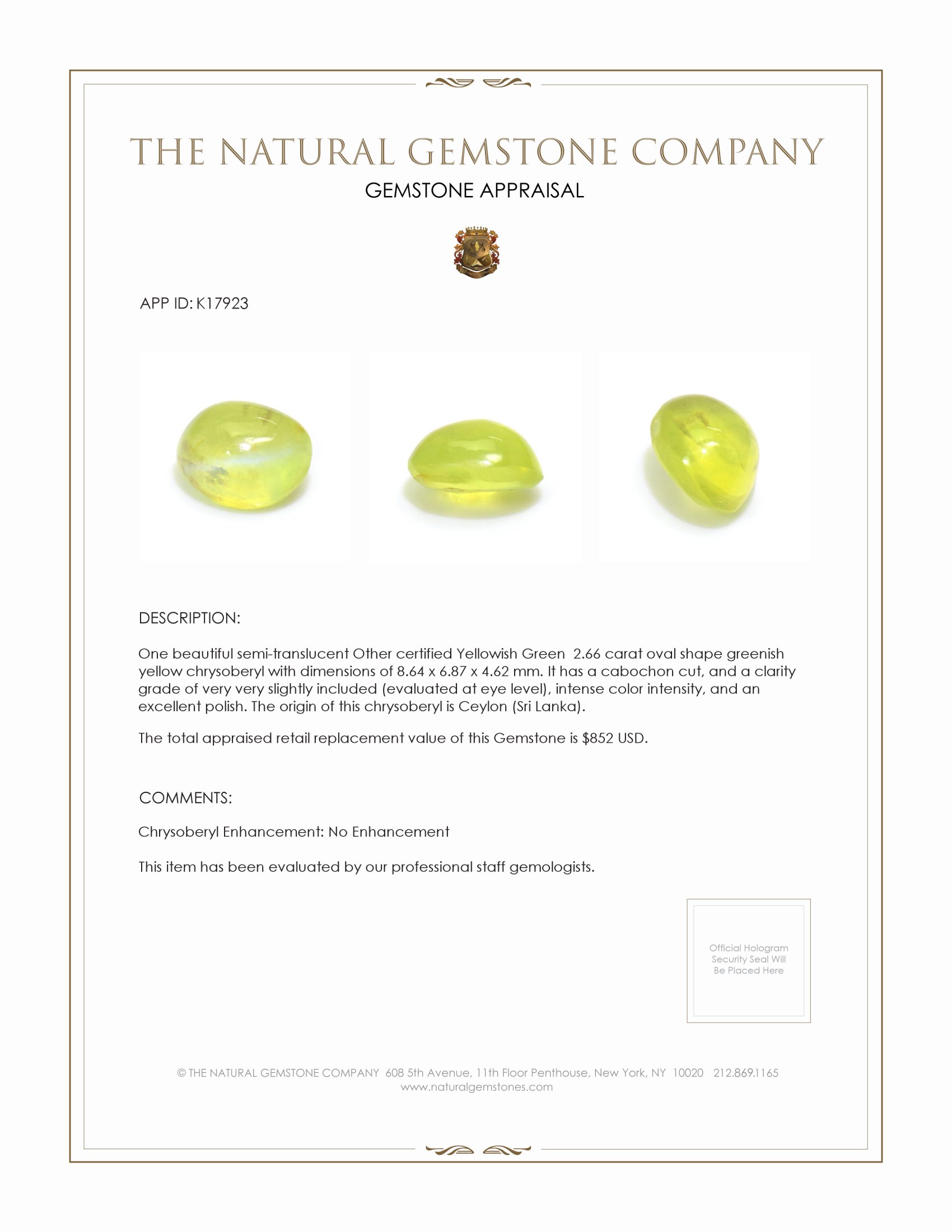 2.66 Ct. Cabochon Chrysoberyl from Ceylon (Sri Lanka)