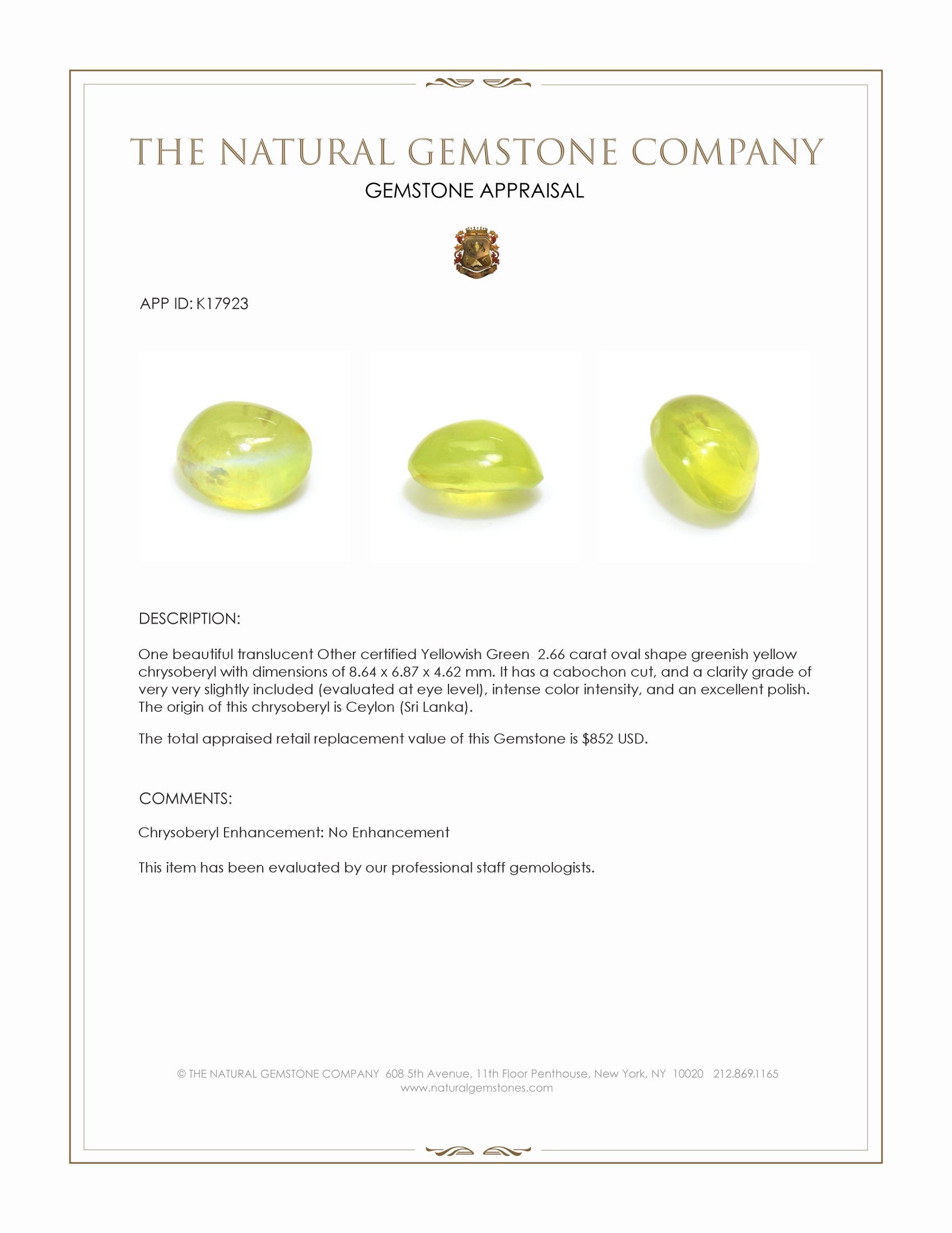 2.66 Ct. Greenish Yellow Cabochon Chrysoberyl from Ceylon (Sri Lanka)