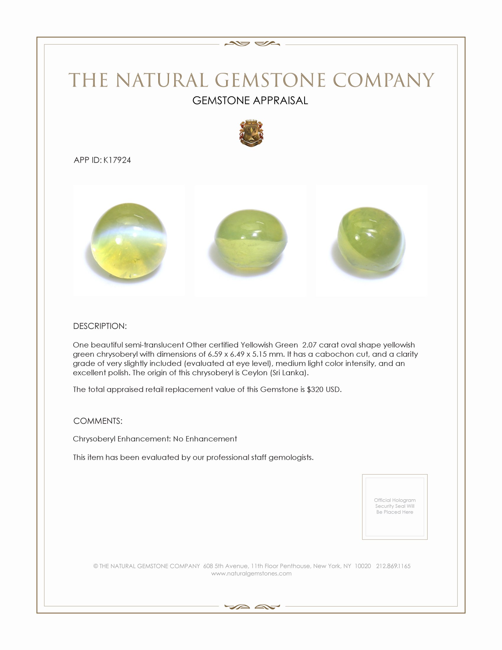 2.07 Ct. Cabochon Chrysoberyl from Ceylon (Sri Lanka)