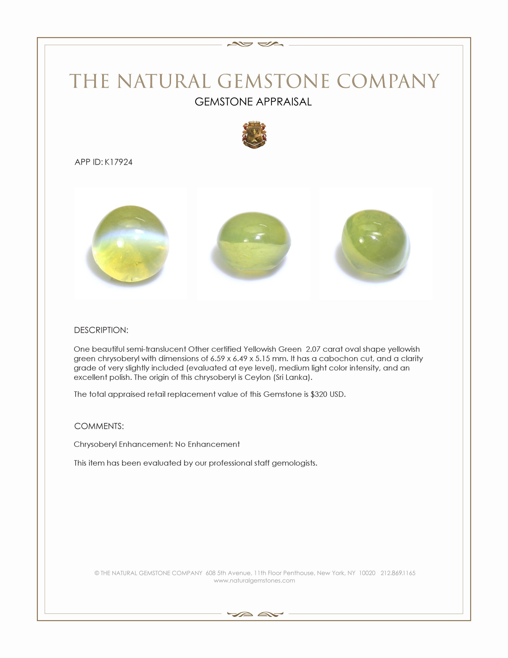 2.07 Ct. Cabochon Chrysoberyl from Ceylon (Sri Lanka)