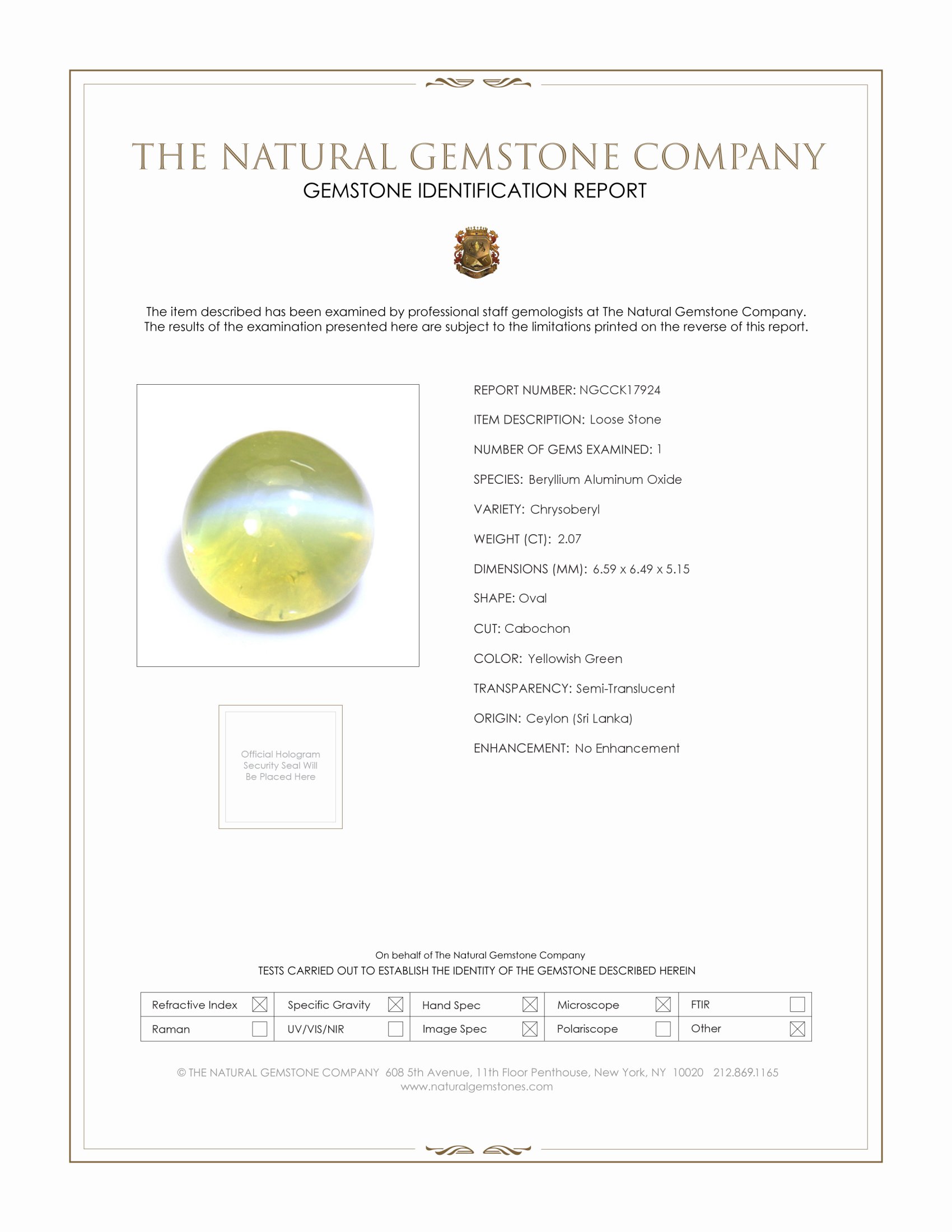 2.07 Ct. Yellowish Green Cabochon Chrysoberyl from Ceylon (Sri Lanka)