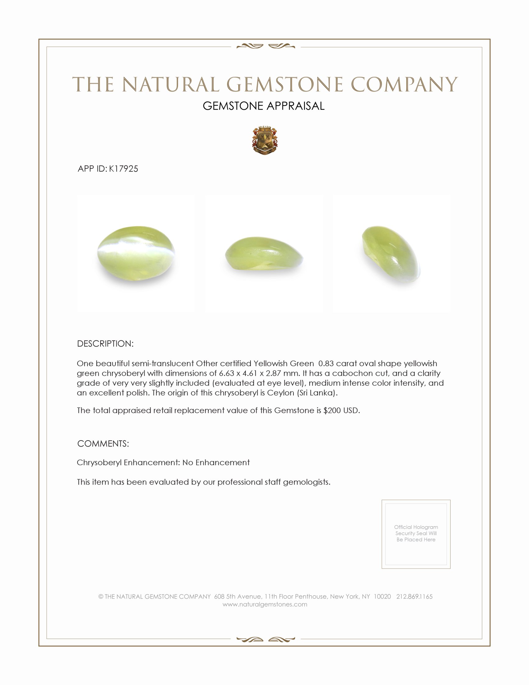 0.83 Ct. Yellowish Green Cabochon Chrysoberyl from Ceylon (Sri Lanka)