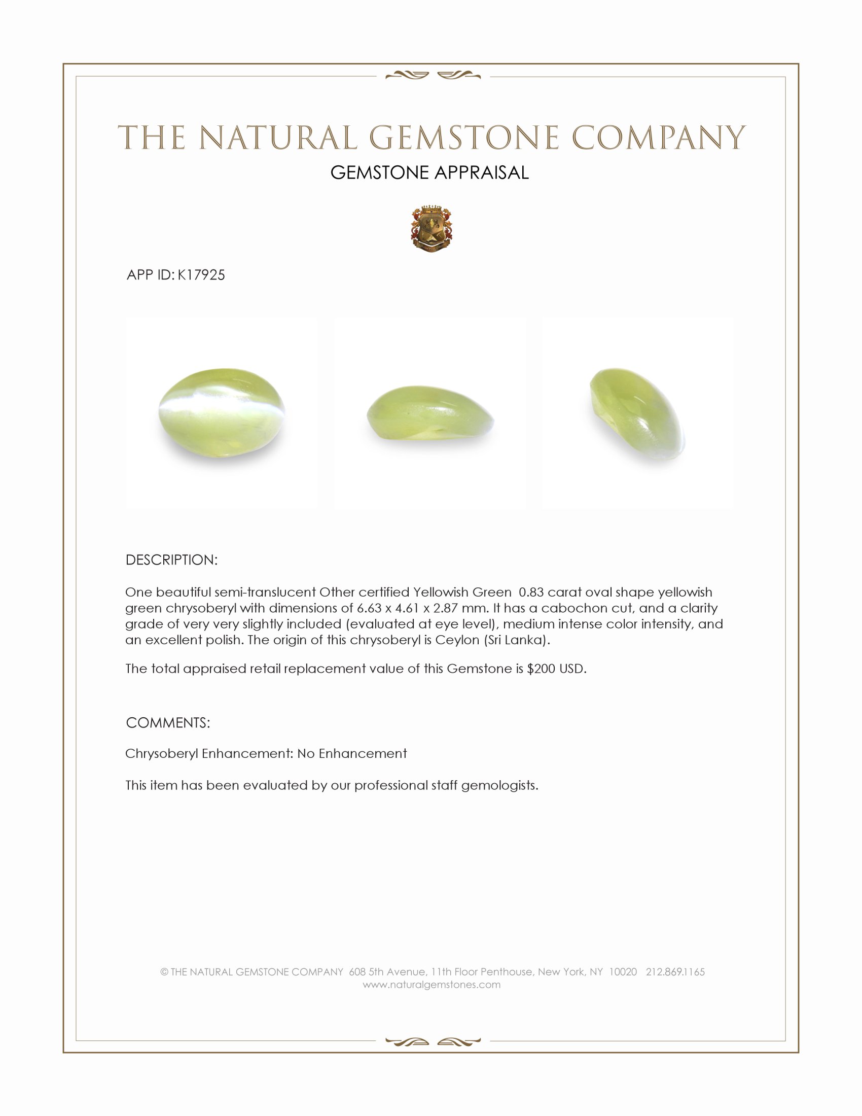 0.83 Ct. Cabochon Chrysoberyl from Ceylon (Sri Lanka)