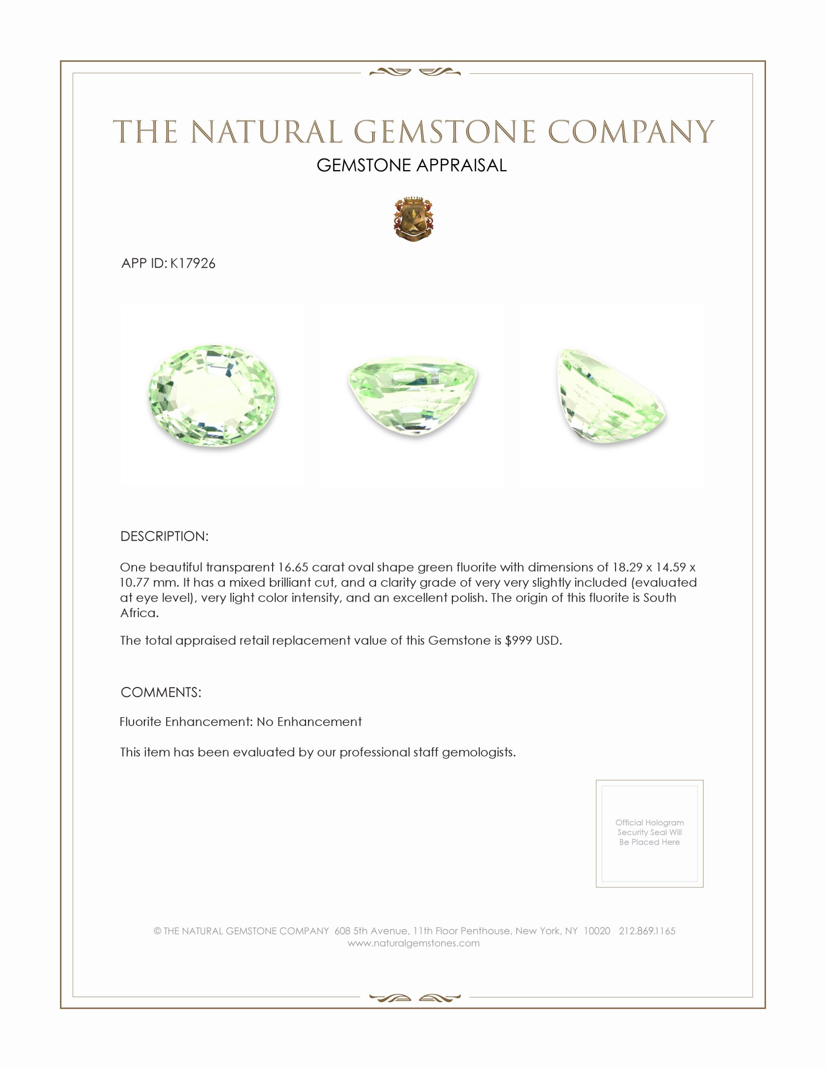 16.65 Ct. Fluorite from South Africa