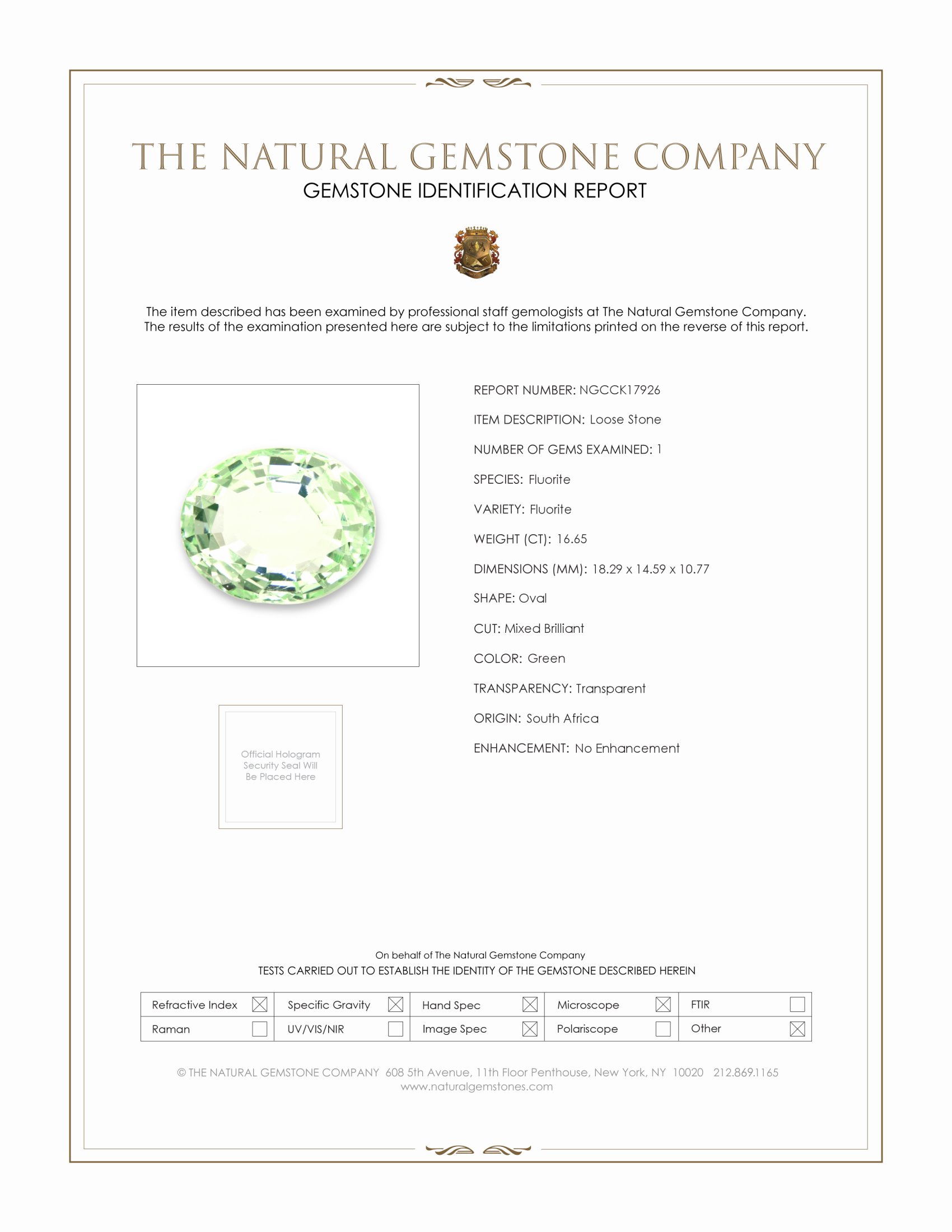 16.65 Ct. Fluorite from South Africa