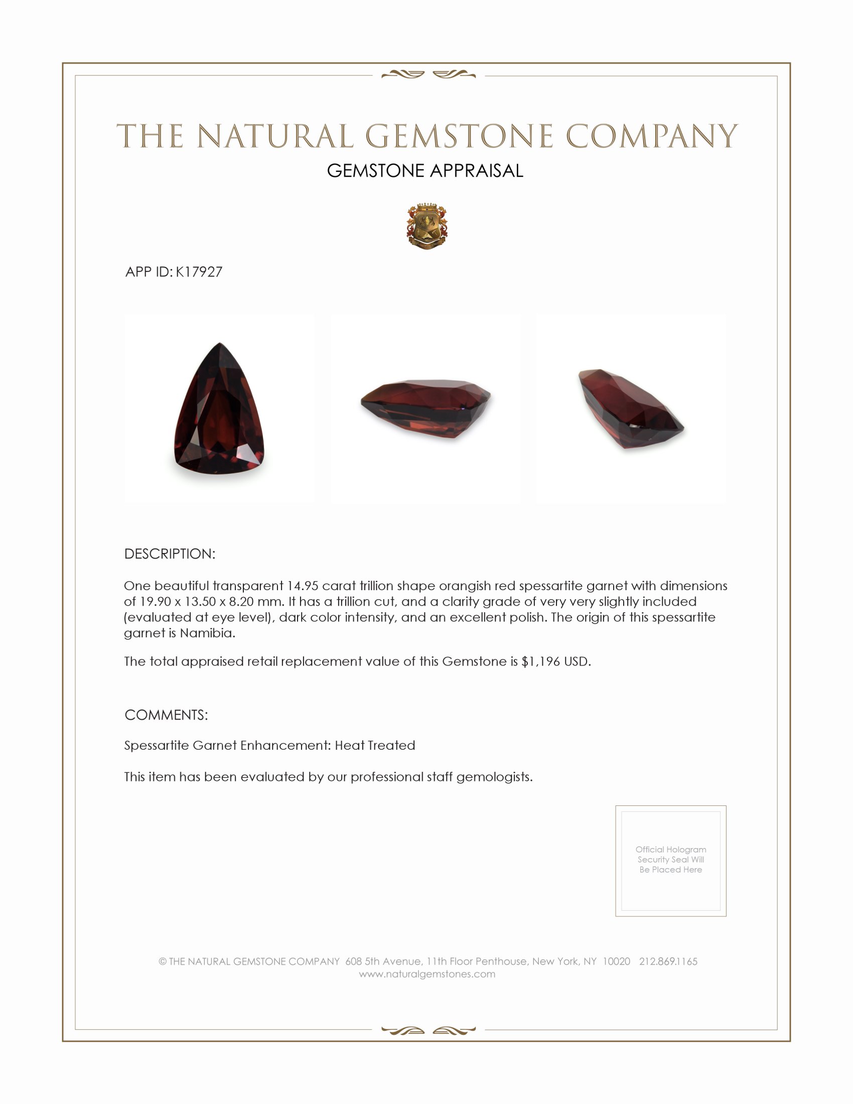 14.95 Ct. Spessartite Garnet from Namibia