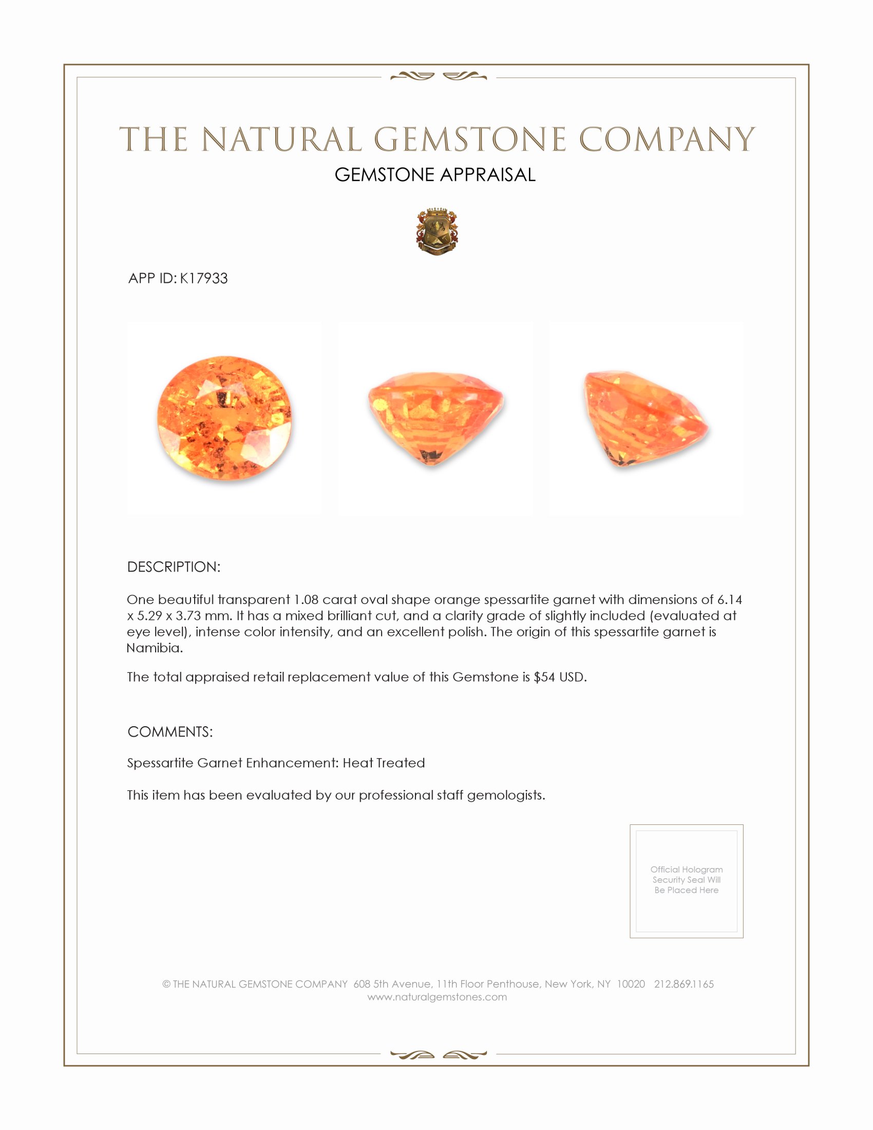 1.08 Ct. Spessartite Garnet from Namibia