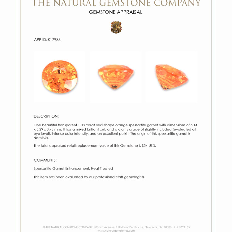 1.08 Ct. Spessartite Garnet from Namibia