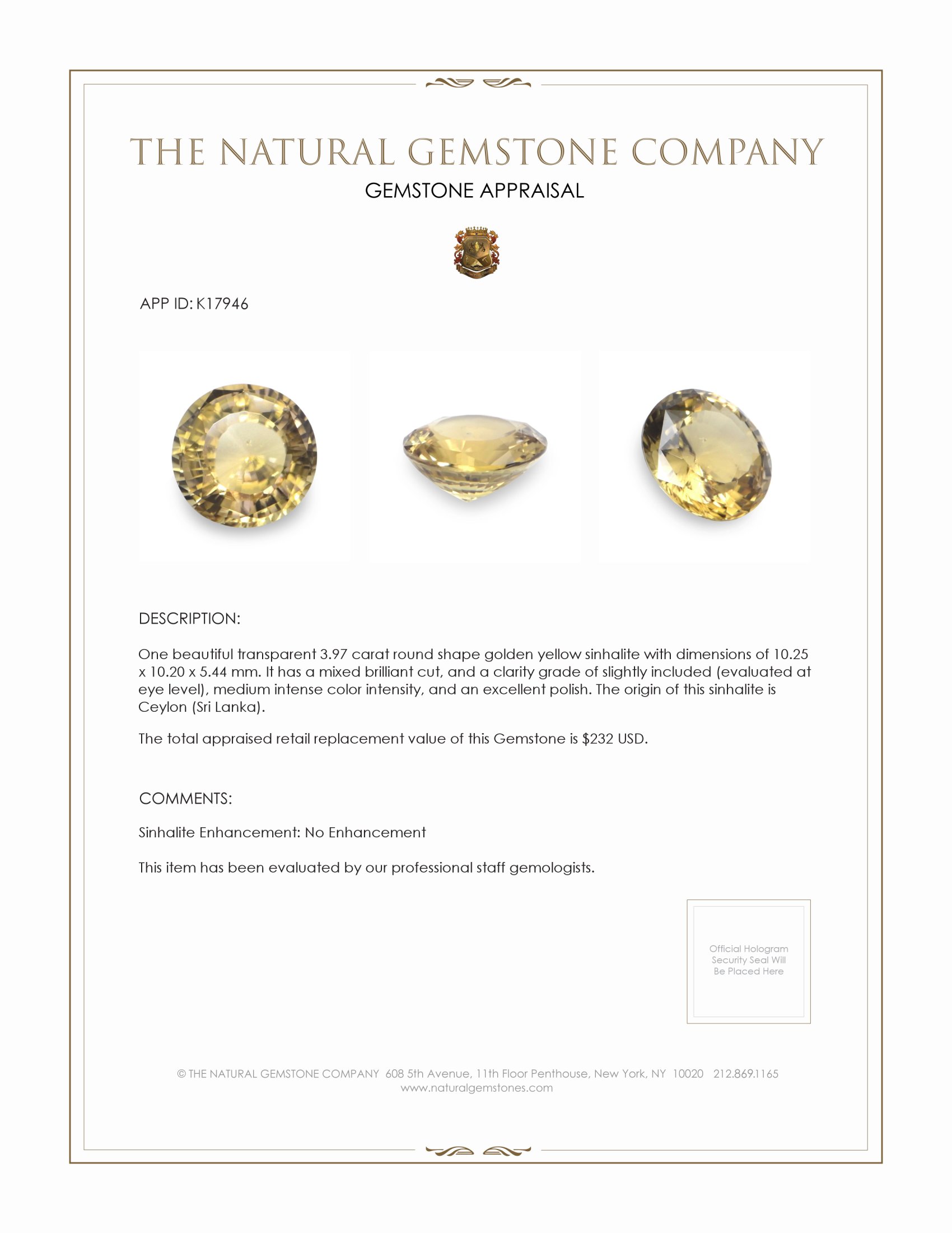 3.97 Ct. Golden Yellow Sinhalite from Ceylon (Sri Lanka)