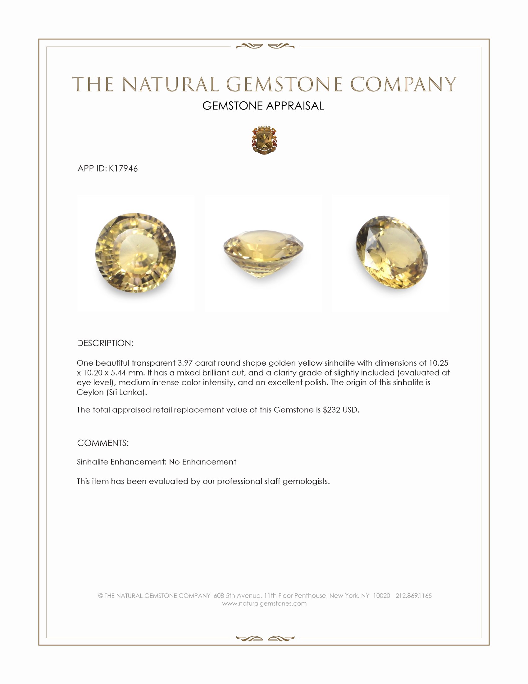 3.97 Ct. Sinhalite from Ceylon (Sri Lanka)