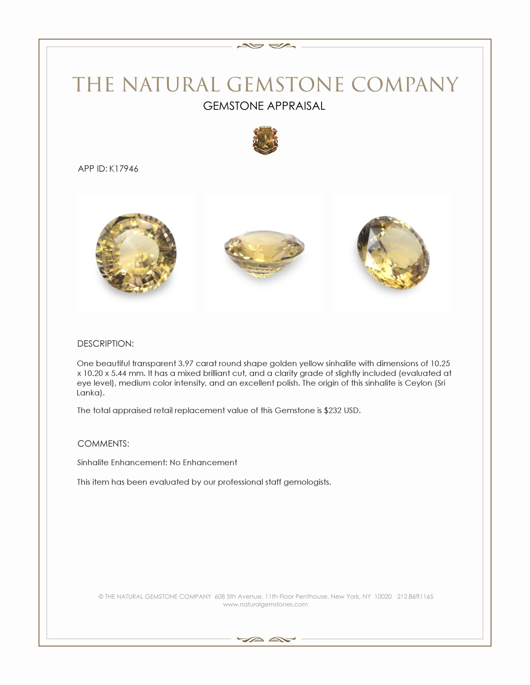 3.97 Ct. Sinhalite from Ceylon (Sri Lanka)