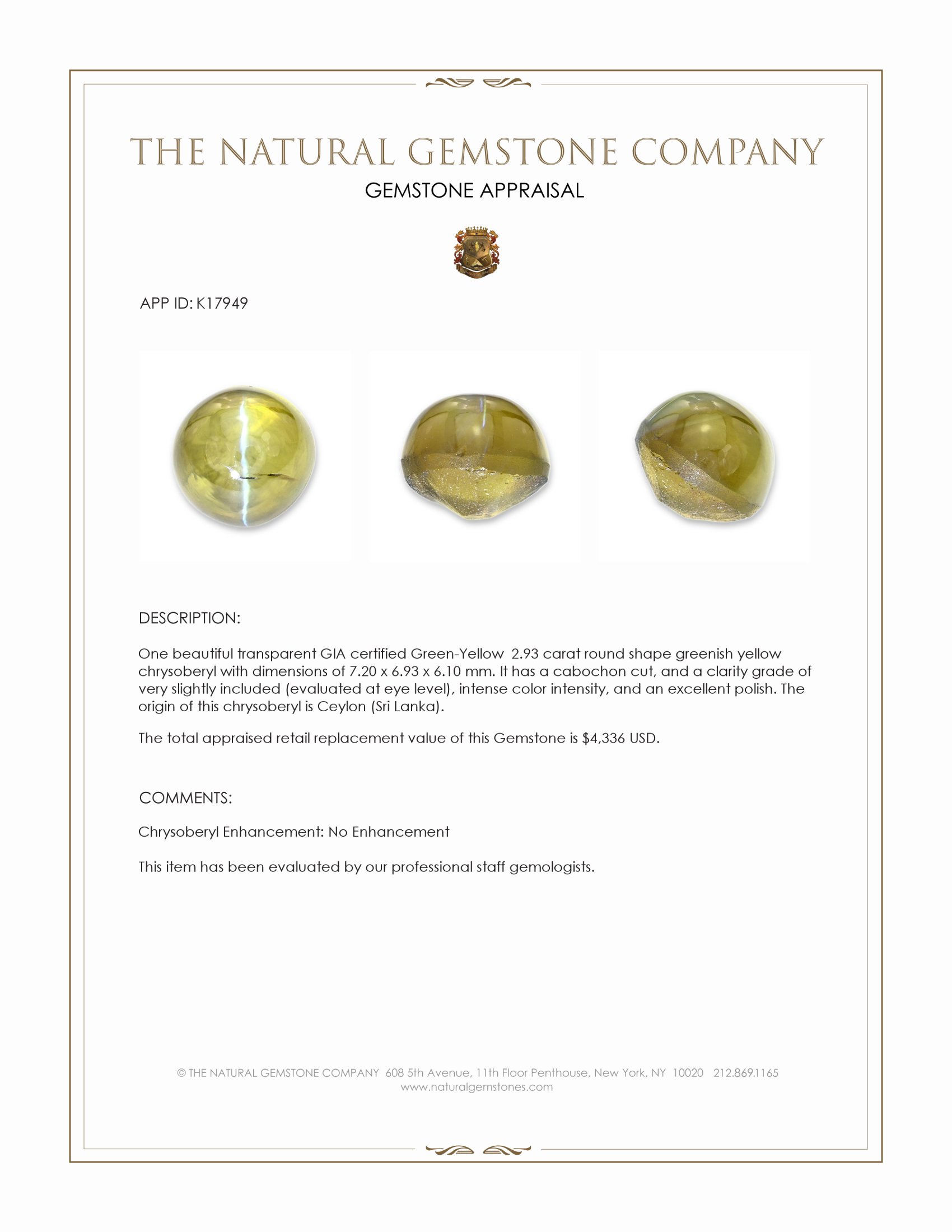 2.93 Ct. Cabochon Chrysoberyl from Ceylon (Sri Lanka)