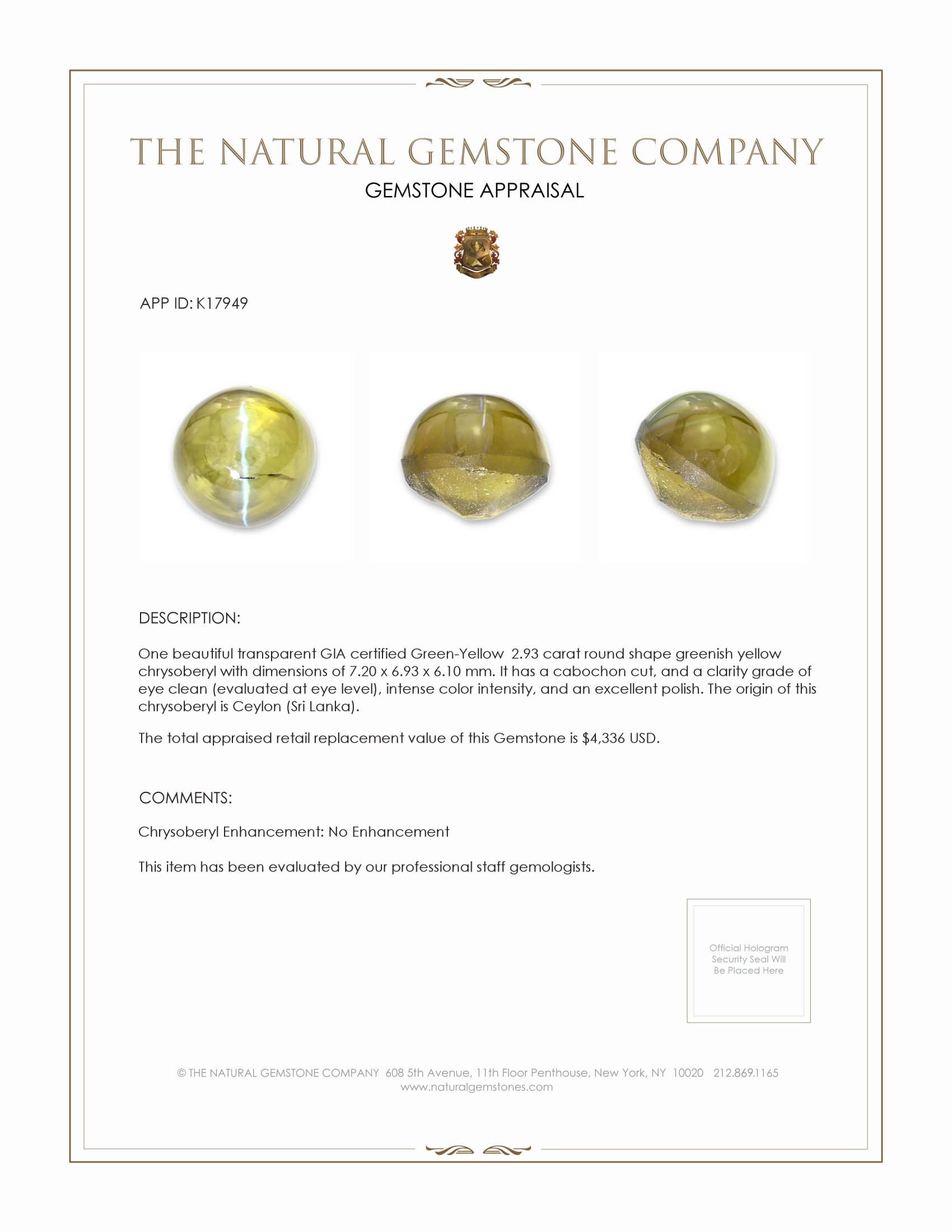 2.93 Ct. Cabochon Chrysoberyl from Ceylon (Sri Lanka)