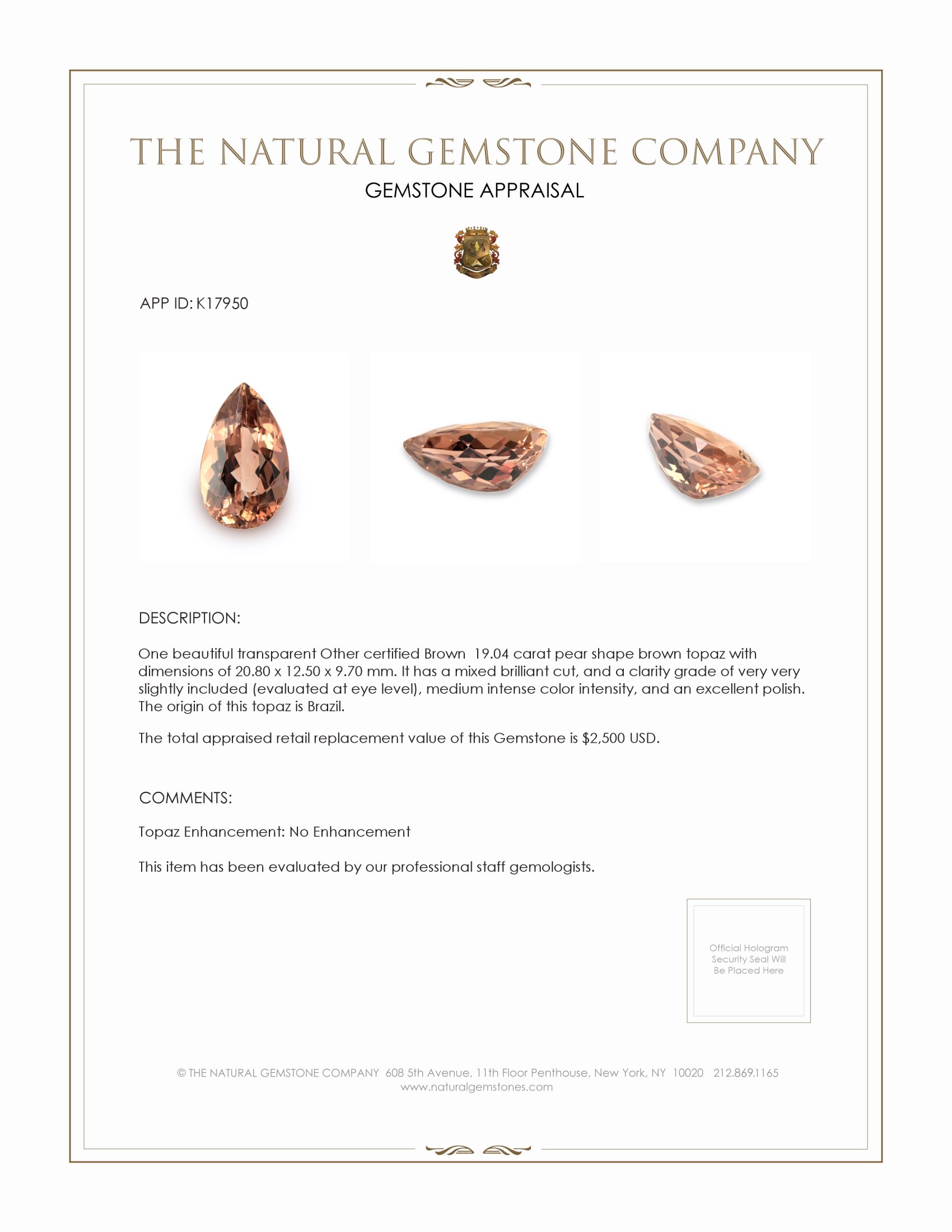 19.04 Ct. Topaz from Brazil