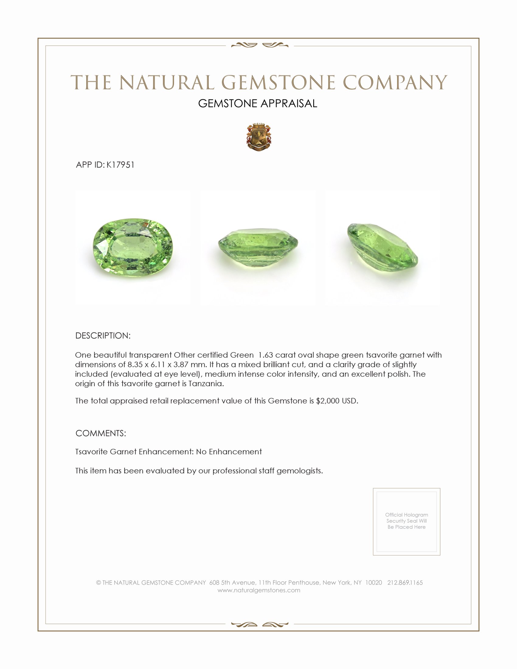 1.63 Ct. Tsavorite Garnet from Tanzania