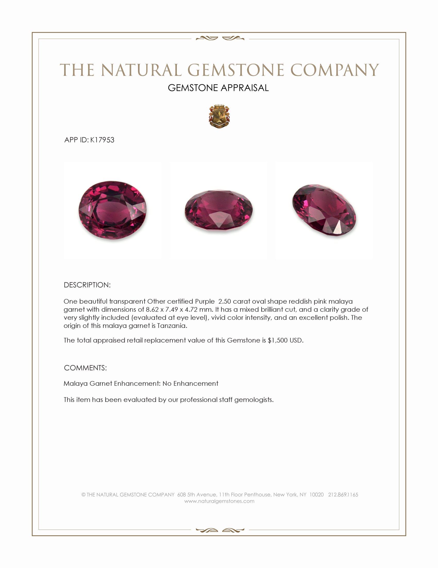 2.50 Ct. Reddish Pink Malaya Garnet from Tanzania