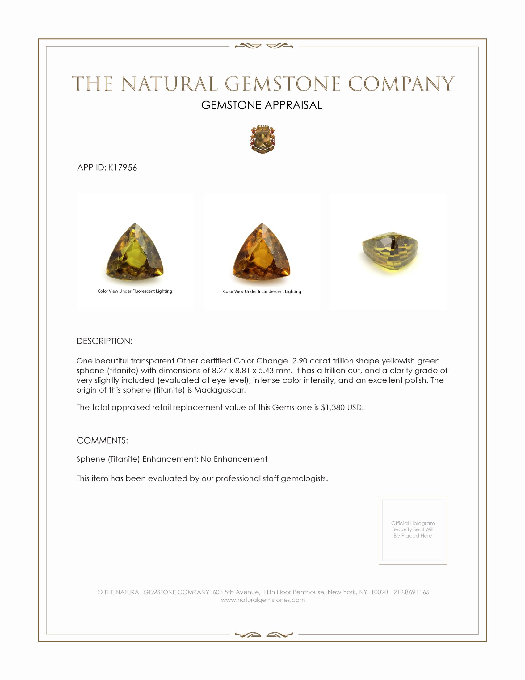 2.90 Ct. Yellowish Green Sphene (Titanite) from Madagascar