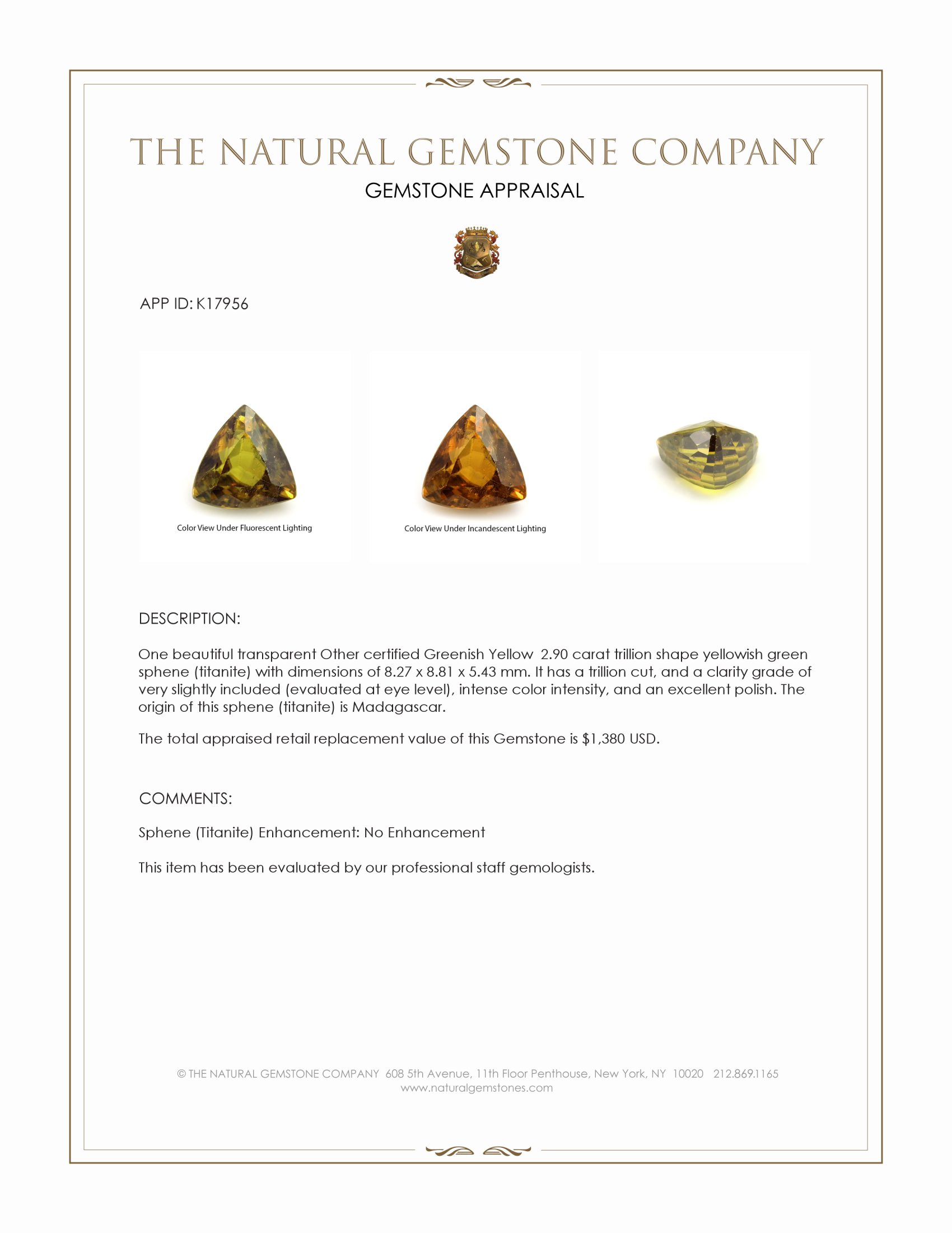 2.90 Ct. Yellowish Green Sphene (Titanite) from Madagascar